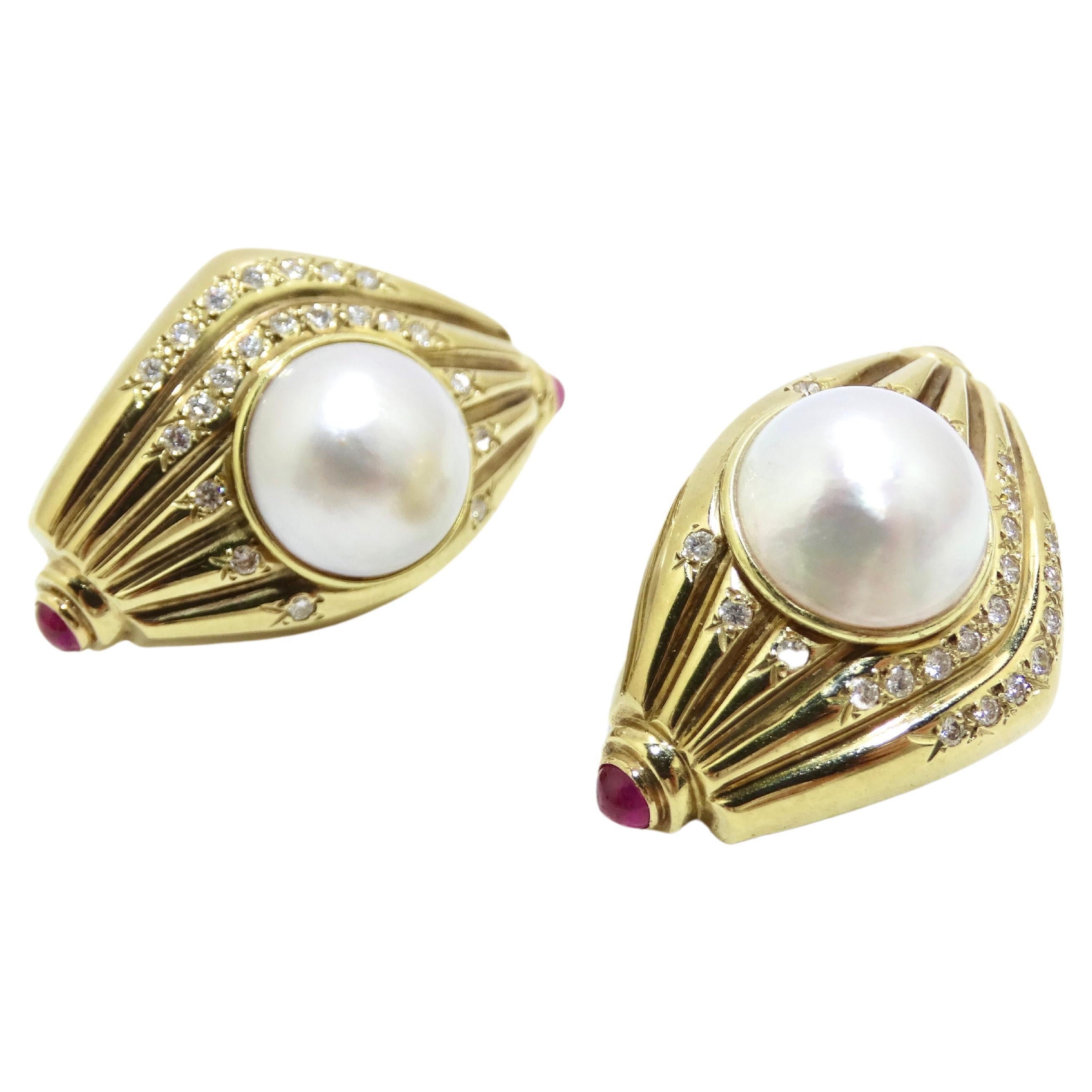 Diamond Pearl and Ruby 1980's Earrings For Sale