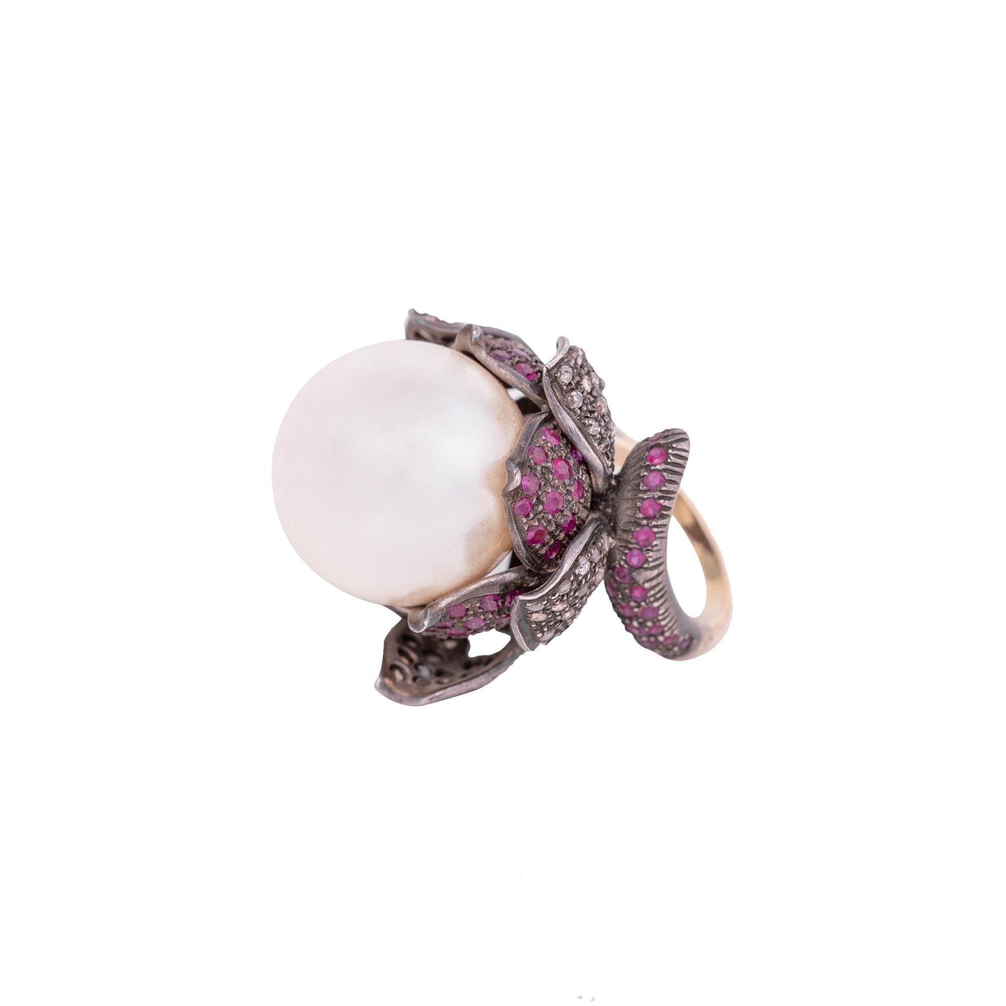 Diamond, Pearl, and Ruby Cocktail Flower Ring in Art-Deco Style In New Condition In Jaipur, IN