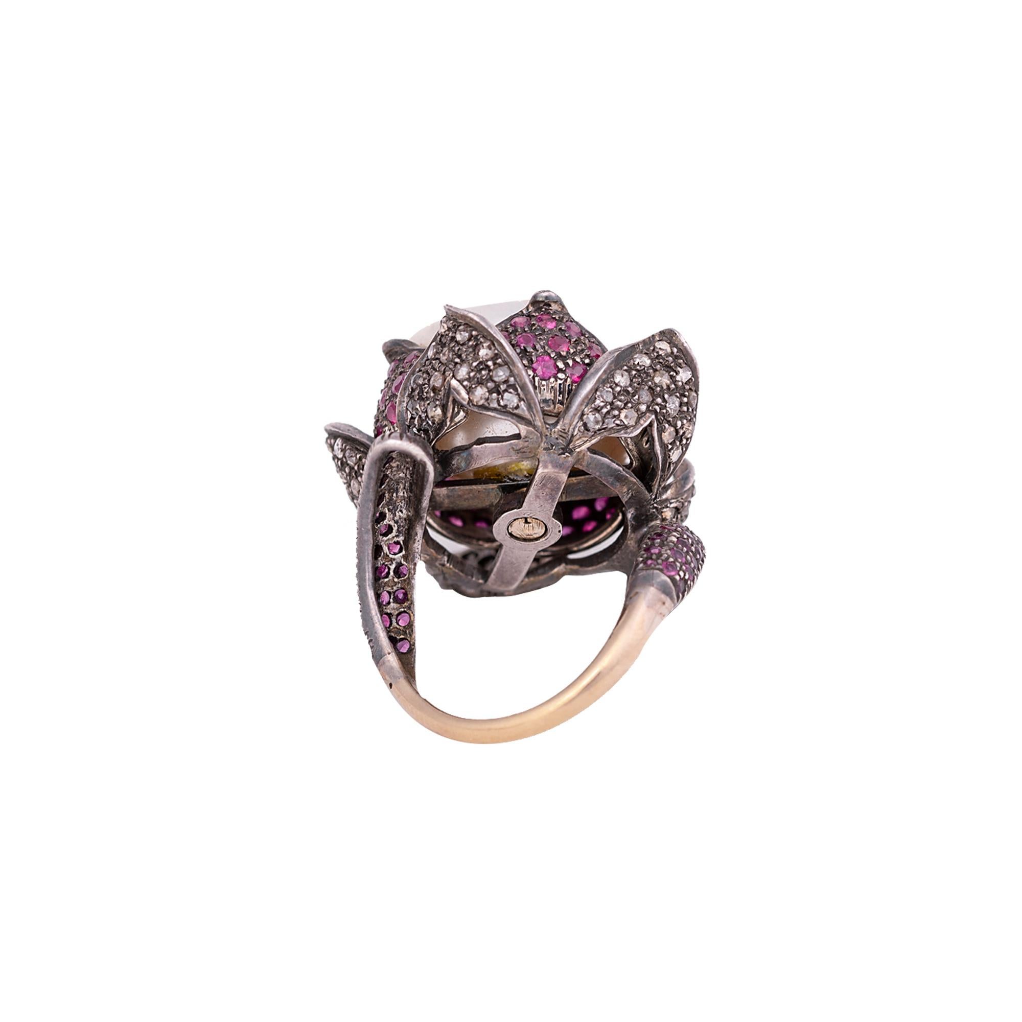Women's Diamond, Pearl, and Ruby Cocktail Flower Ring in Art-Deco Style