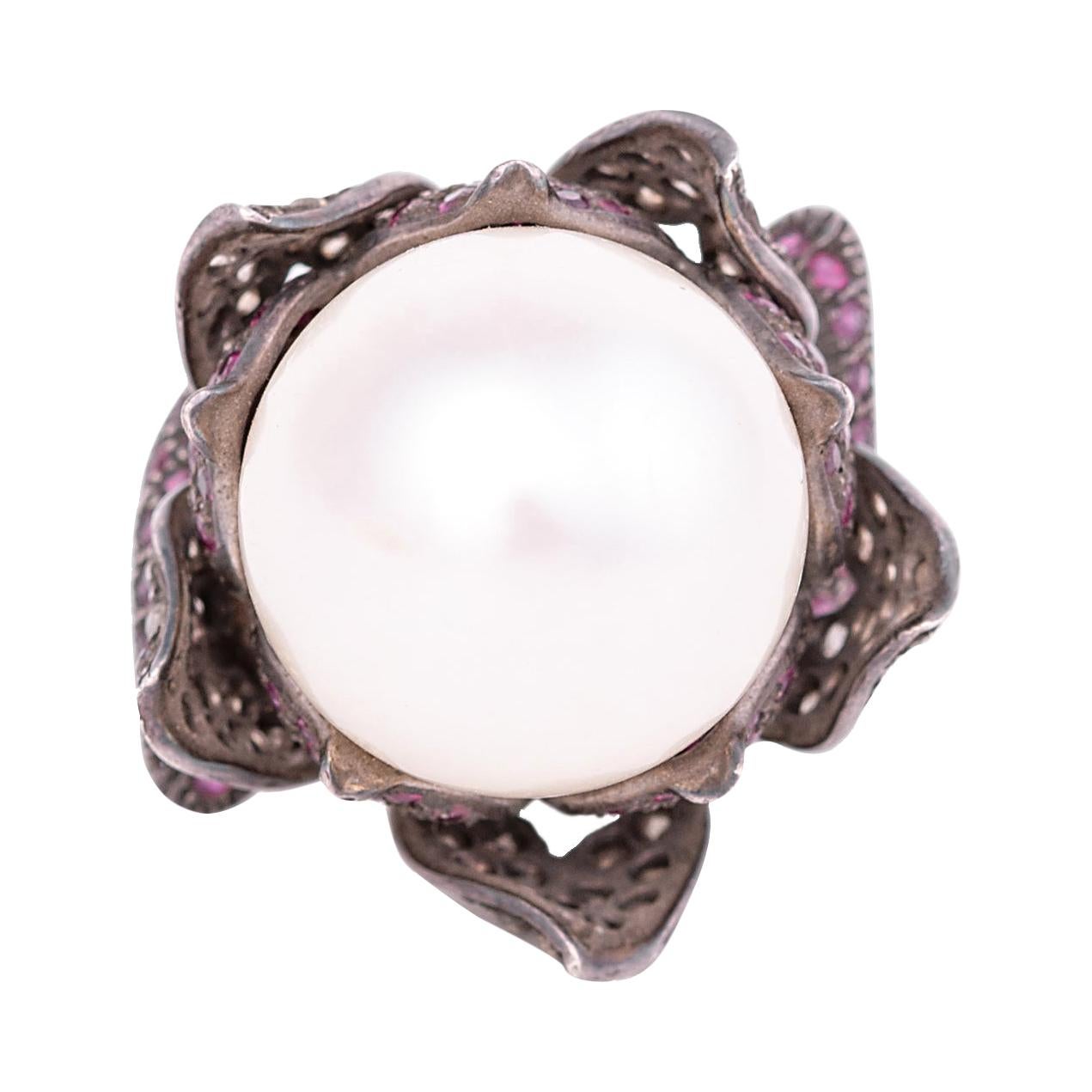 Diamond, Pearl, and Ruby Cocktail Flower Ring in Art-Deco Style