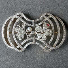 Diamond Pearl and Ruby Oak Leaf and Trefoil Clover Brooch, Art Nouveau, ca 1910s