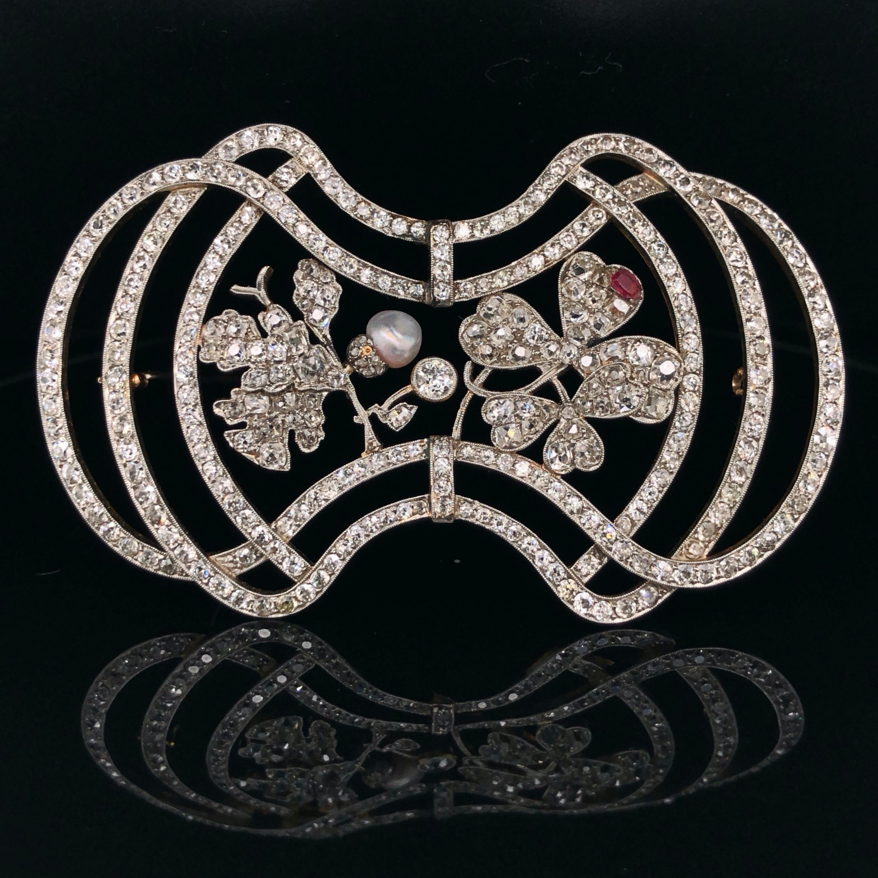 Taille vieille mine Broche trèfle en forme de feuille de chêne et trèfle en diamants, perles et rubis, Art nouveau, vers 1910 en vente