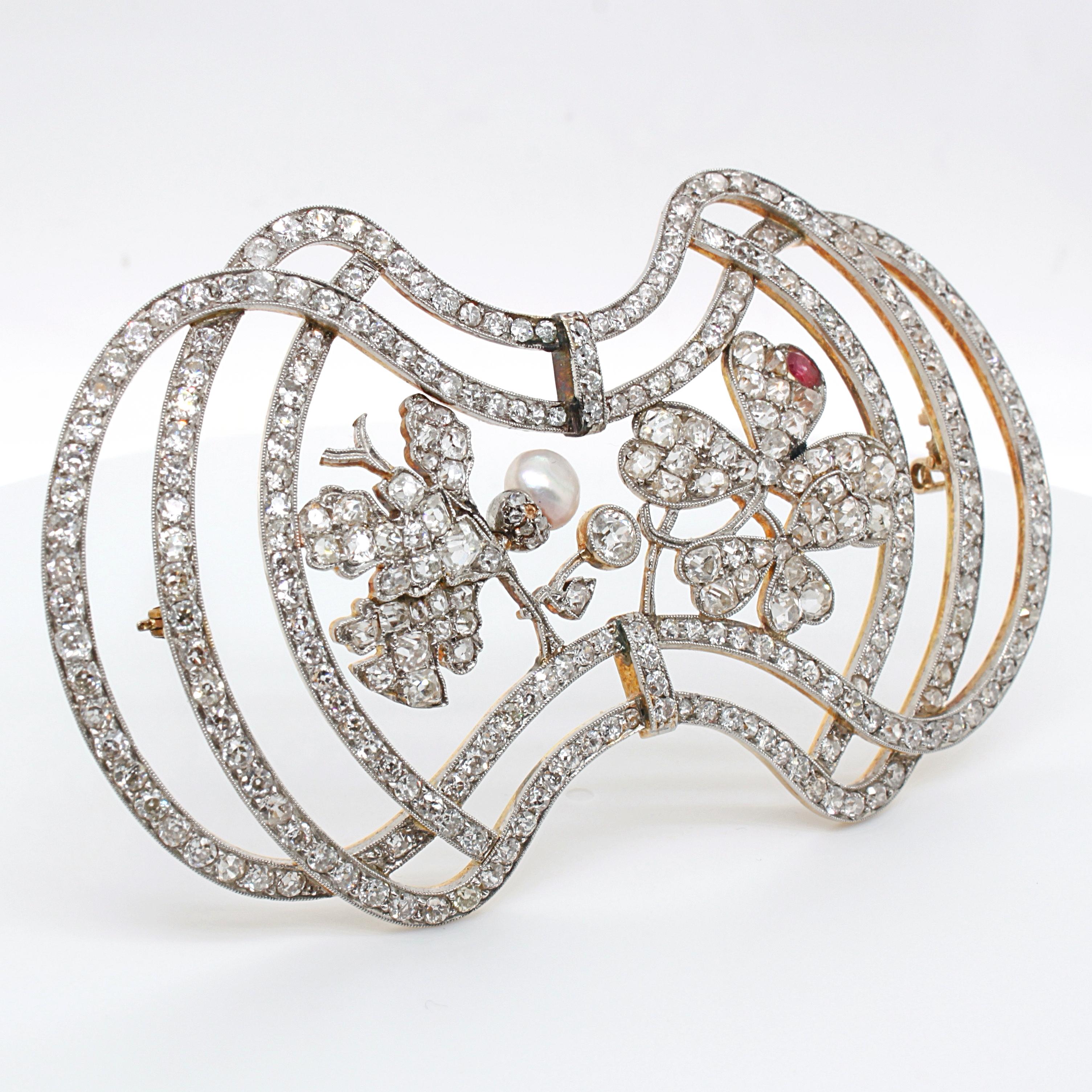 Broche trèfle en forme de feuille de chêne et trèfle en diamants, perles et rubis, Art nouveau, vers 1910 Excellent état - En vente à Idar-Oberstein, DE