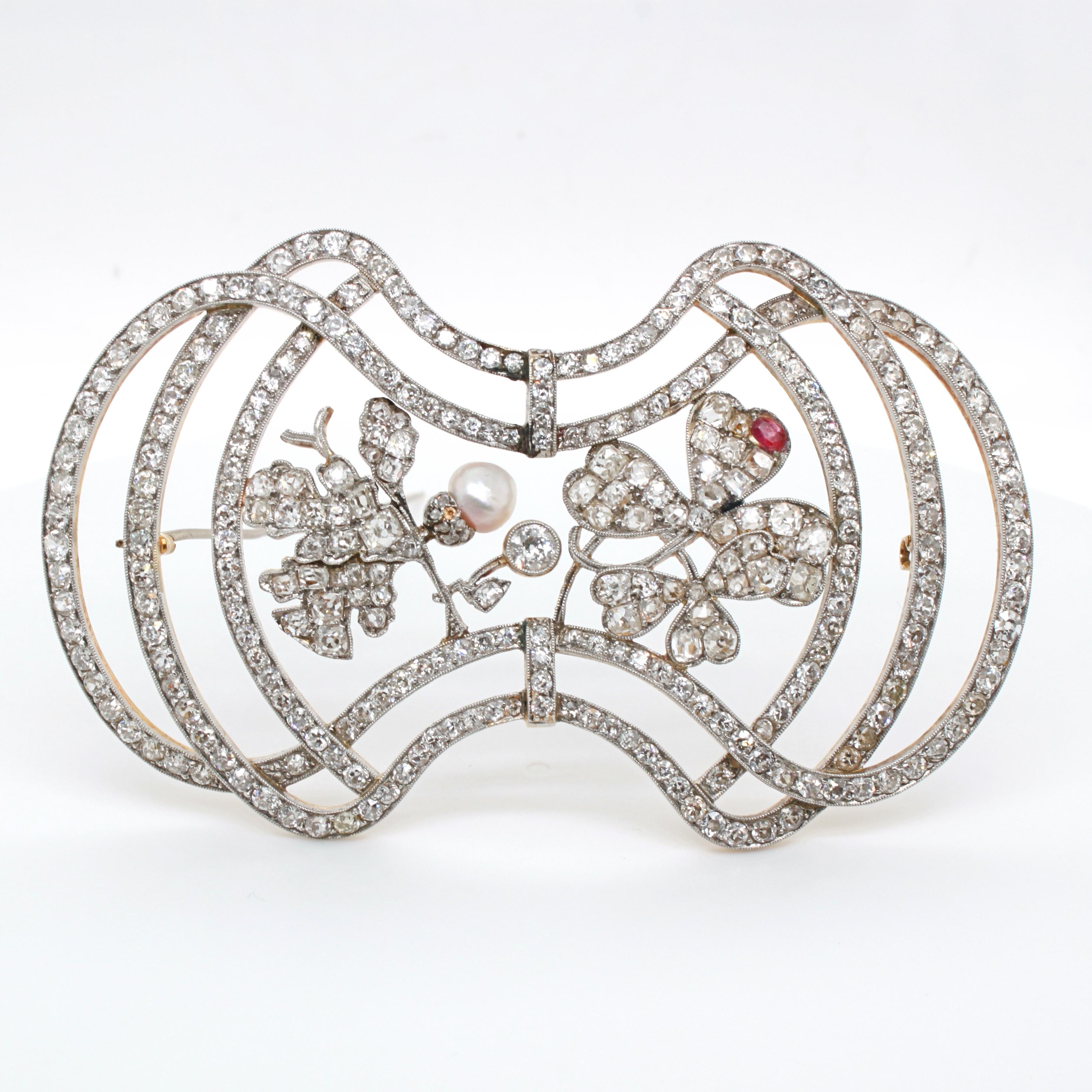 Diamond Pearl and Ruby Oak Leaf and Trefoil Clover Brooch, Art Nouveau, ca 1910s For Sale 1