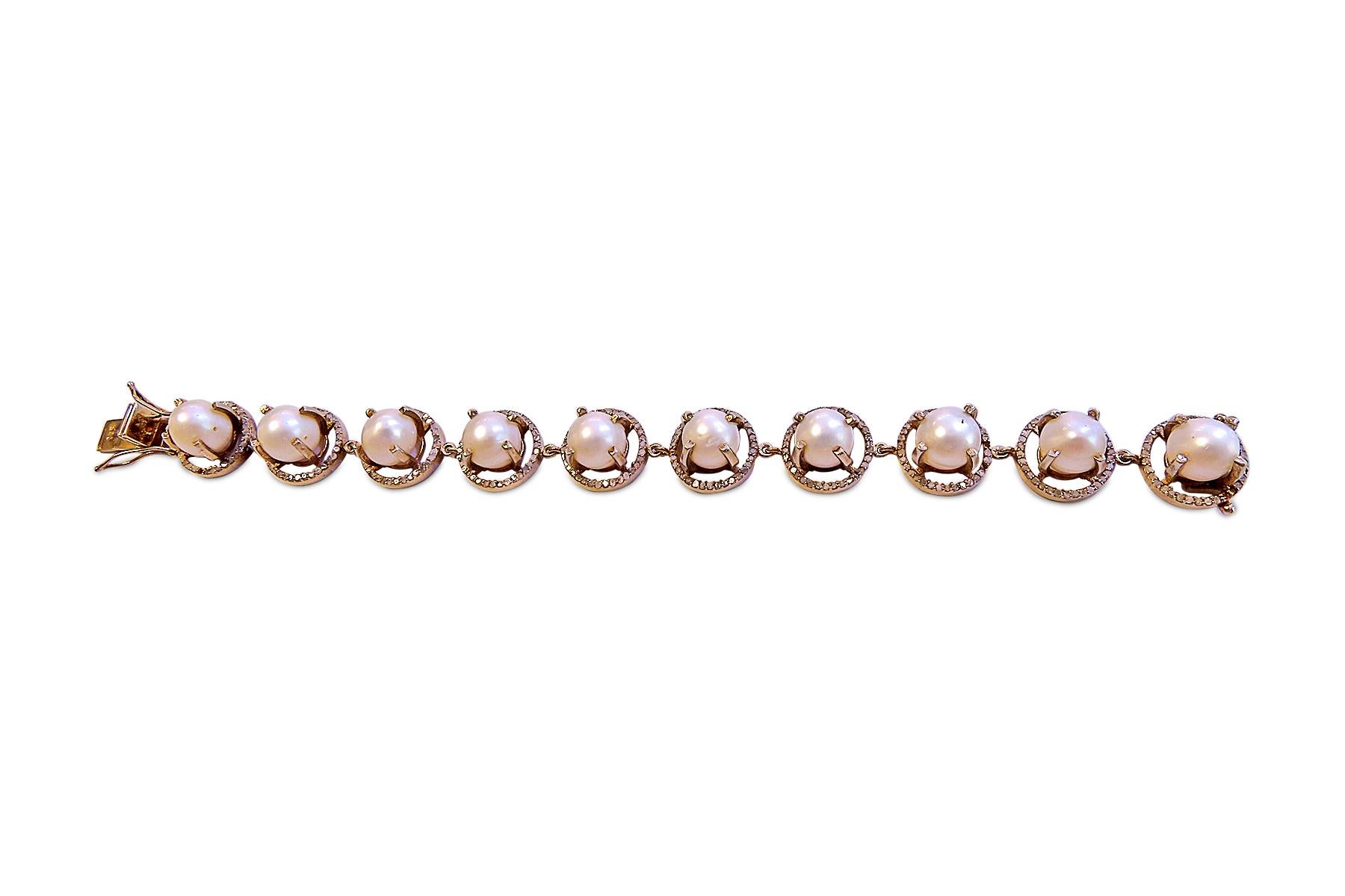 Diamond Pearl Bracelet 14 Karat Gold on St. Silver For Sale 1