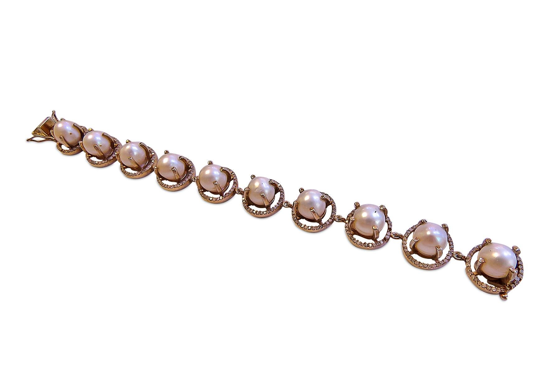 Diamond Pearl Bracelet 14 Karat Gold on St. Silver For Sale 2