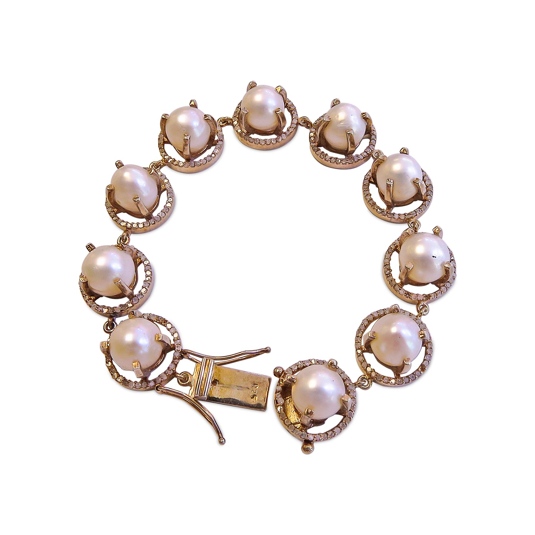 Diamond Pearl Bracelet 14 Karat Gold on St. Silver For Sale 4