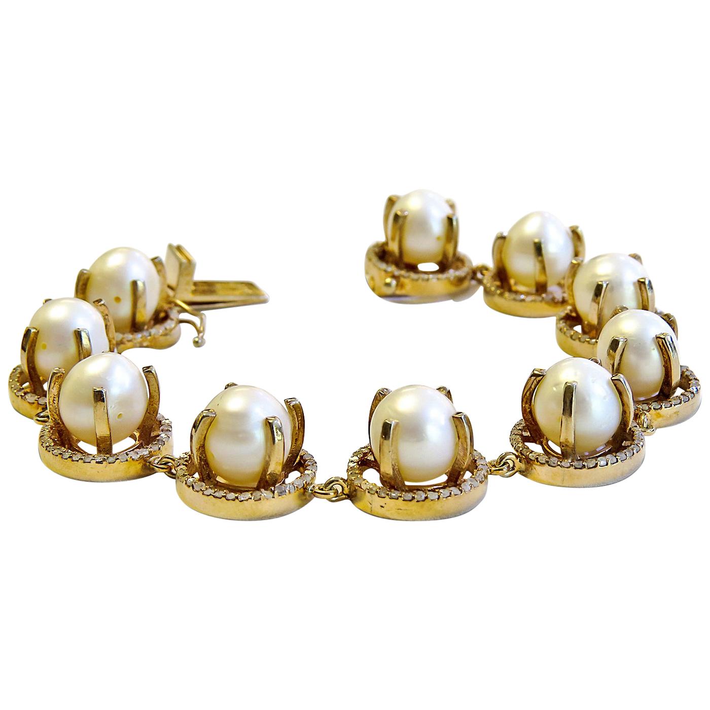 Diamond Pearl Bracelet 14 Karat Gold on St. Silver For Sale