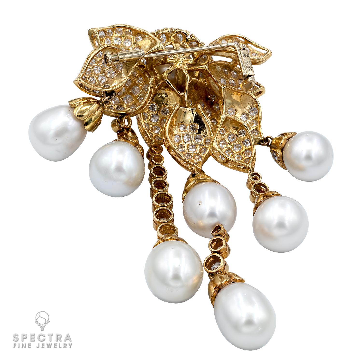 Contemporary Diamond Pearl Brooch Earrings and Ring Set in 18kt Yellow Gold For Sale