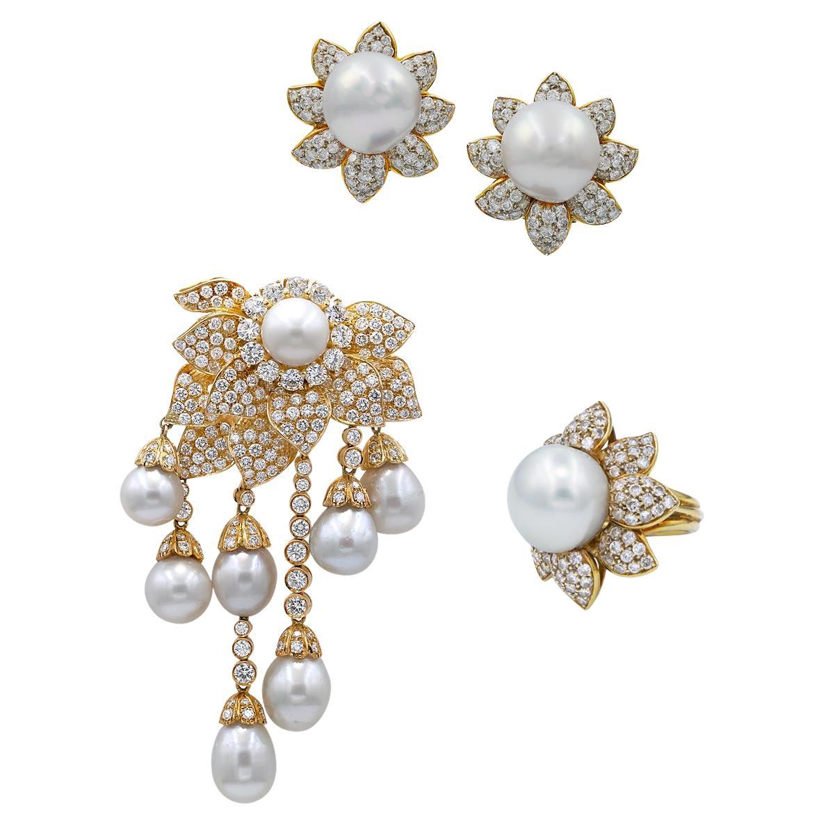 Diamond Pearl Brooch Earrings and Ring Set in 18kt Yellow Gold For Sale