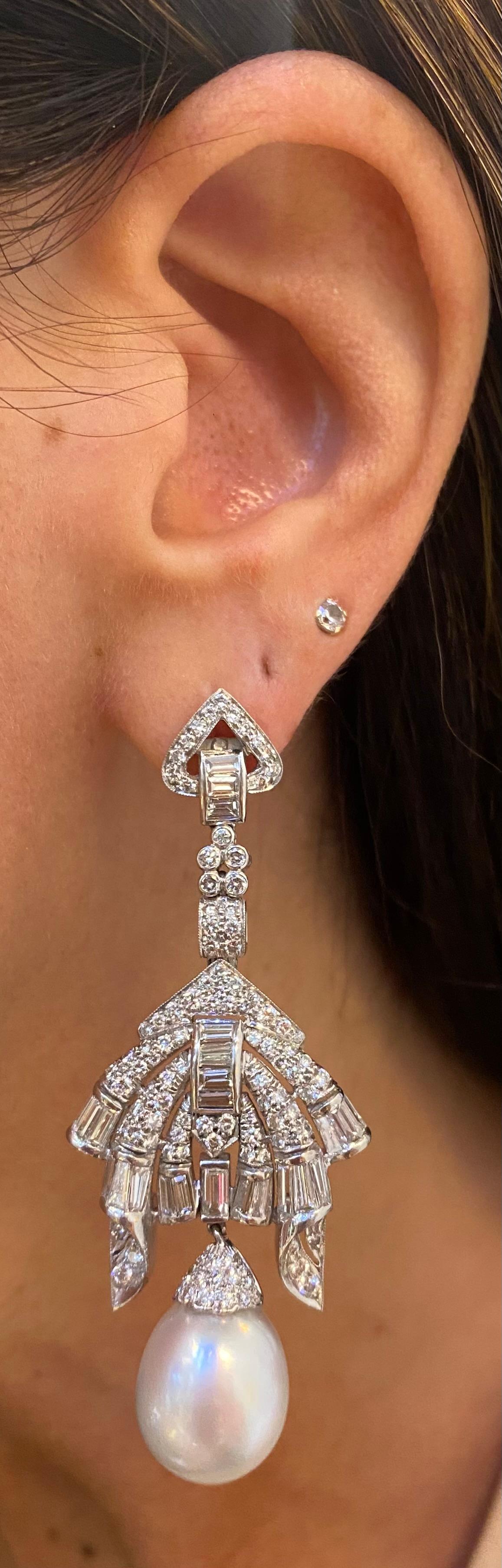 Round Cut Diamond & Pearl Chandelier Earrings For Sale