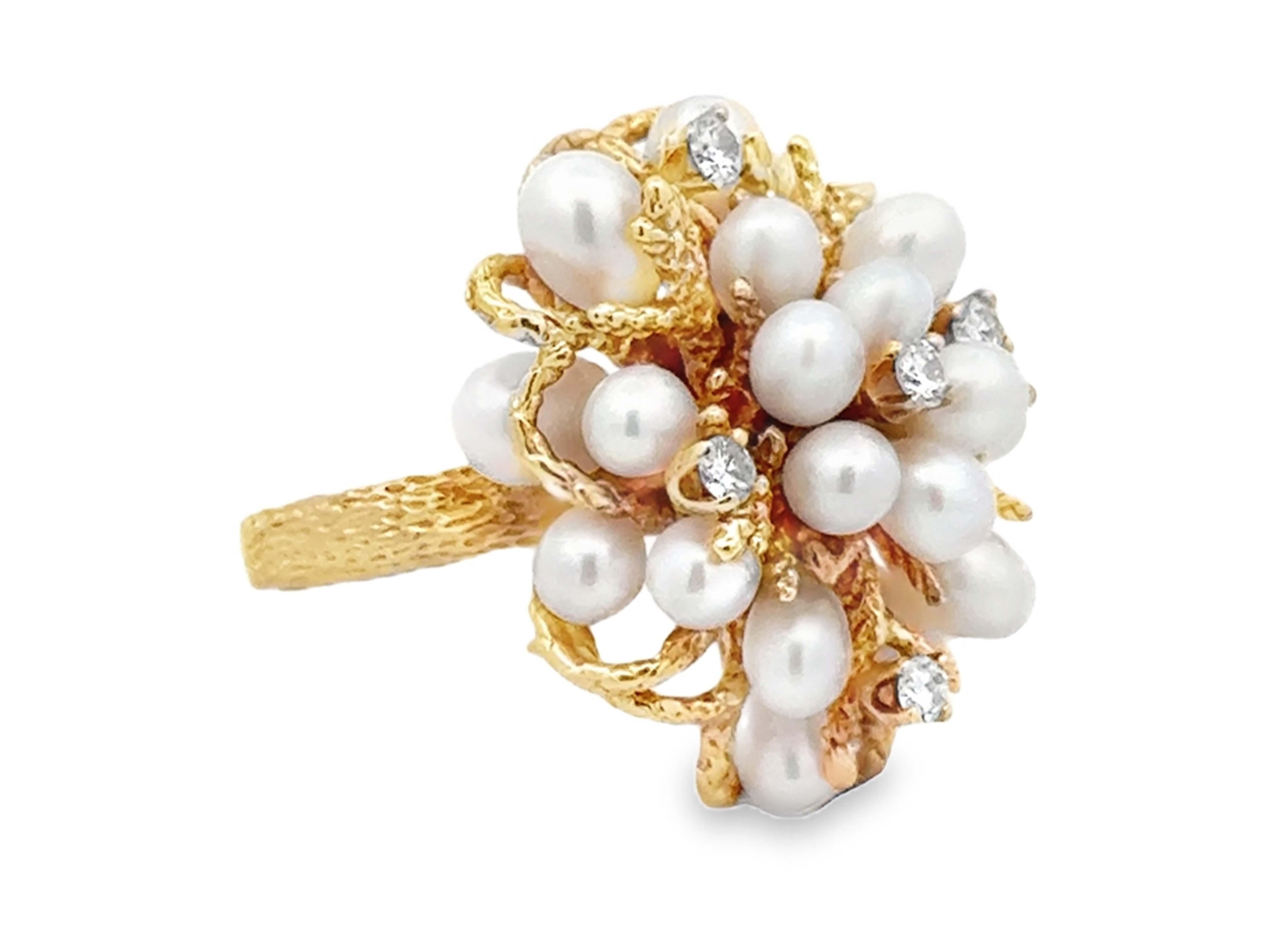 Modern Diamond Pearl Cluster Ring 14k Yellow Gold For Sale