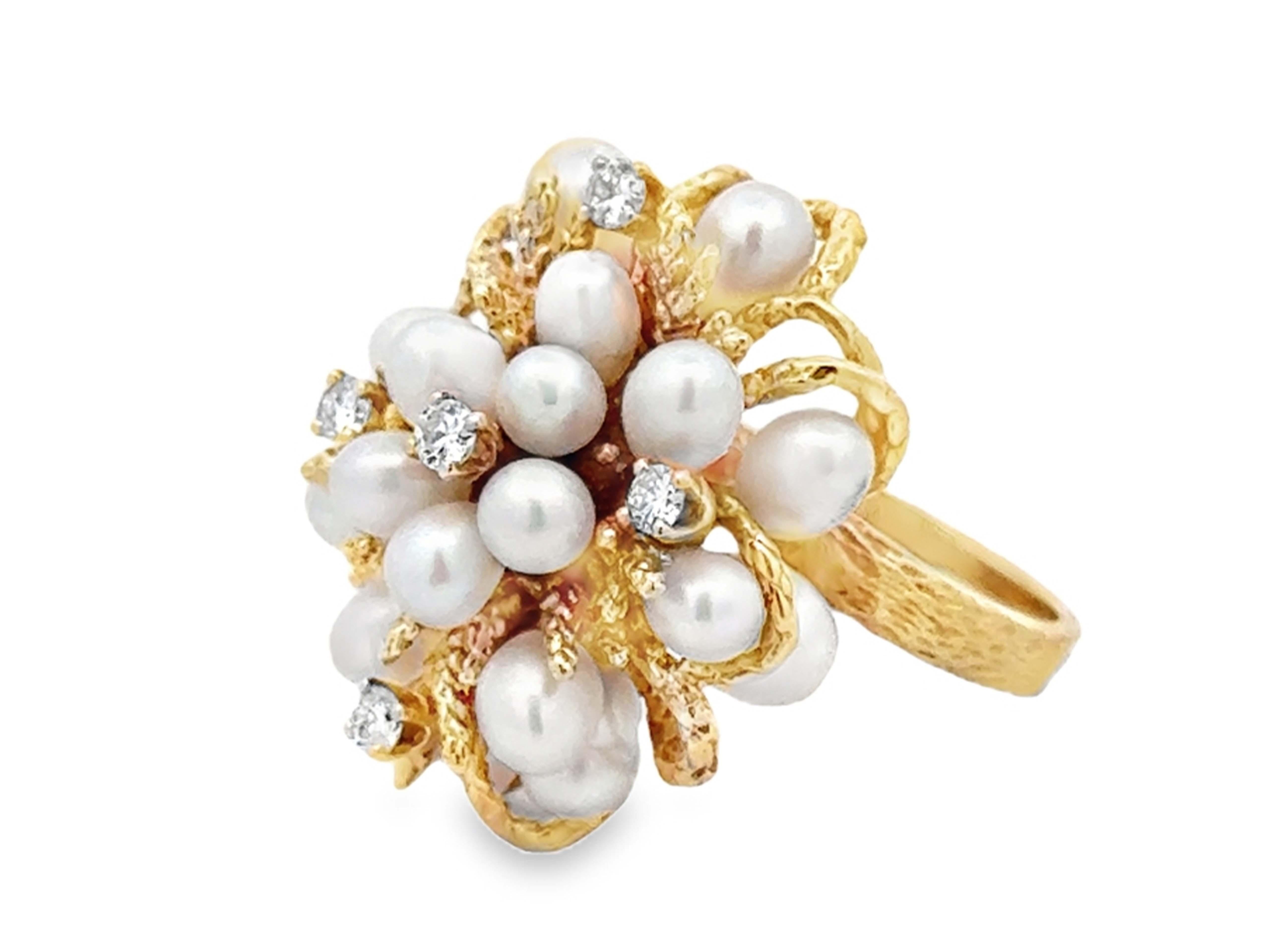 Round Cut Diamond Pearl Cluster Ring 14k Yellow Gold For Sale
