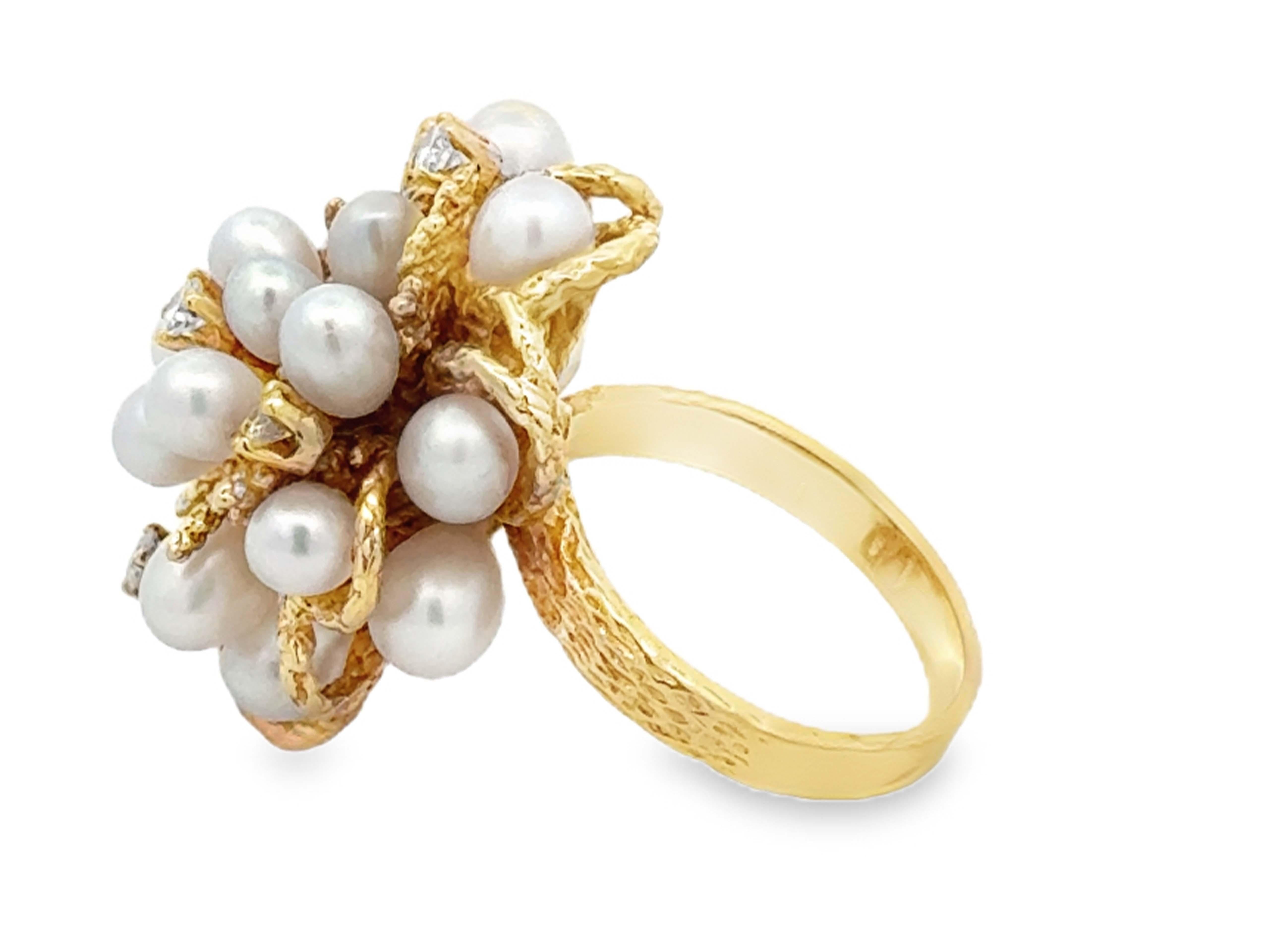 Women's Diamond Pearl Cluster Ring 14k Yellow Gold For Sale