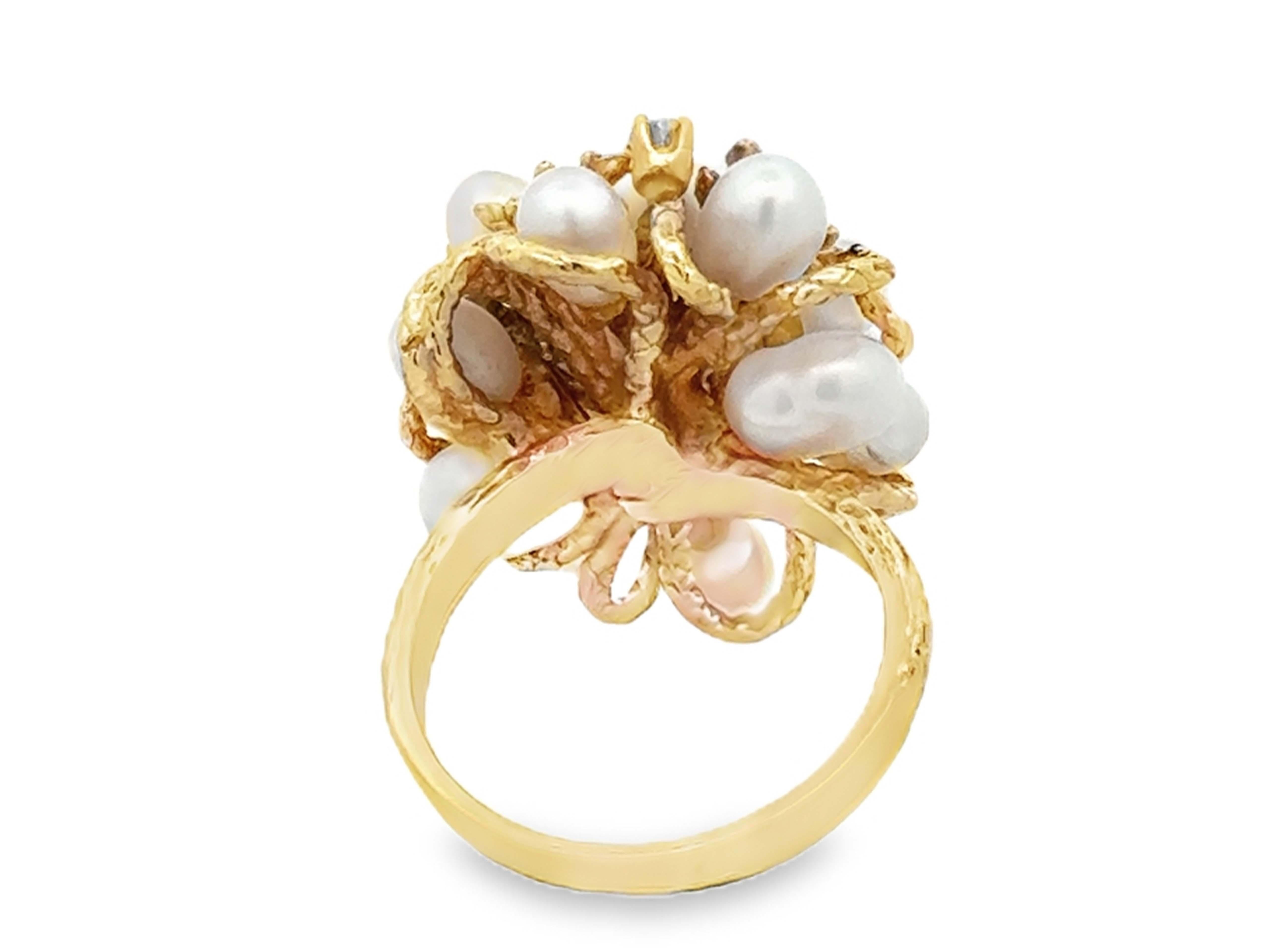 Diamond Pearl Cluster Ring 14k Yellow Gold For Sale 1