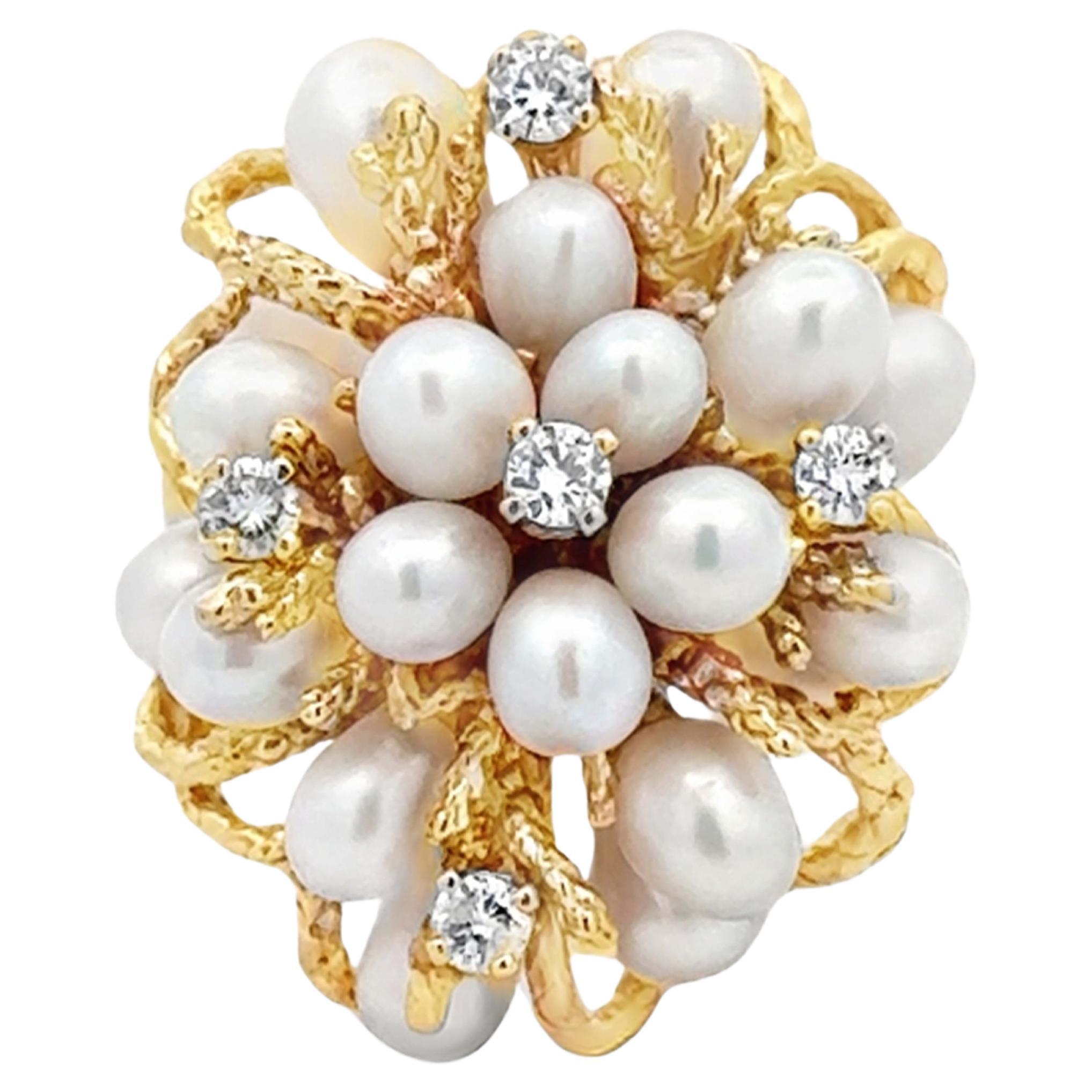 Anillo Racimo Diamante Perla Oro Amarillo 14k