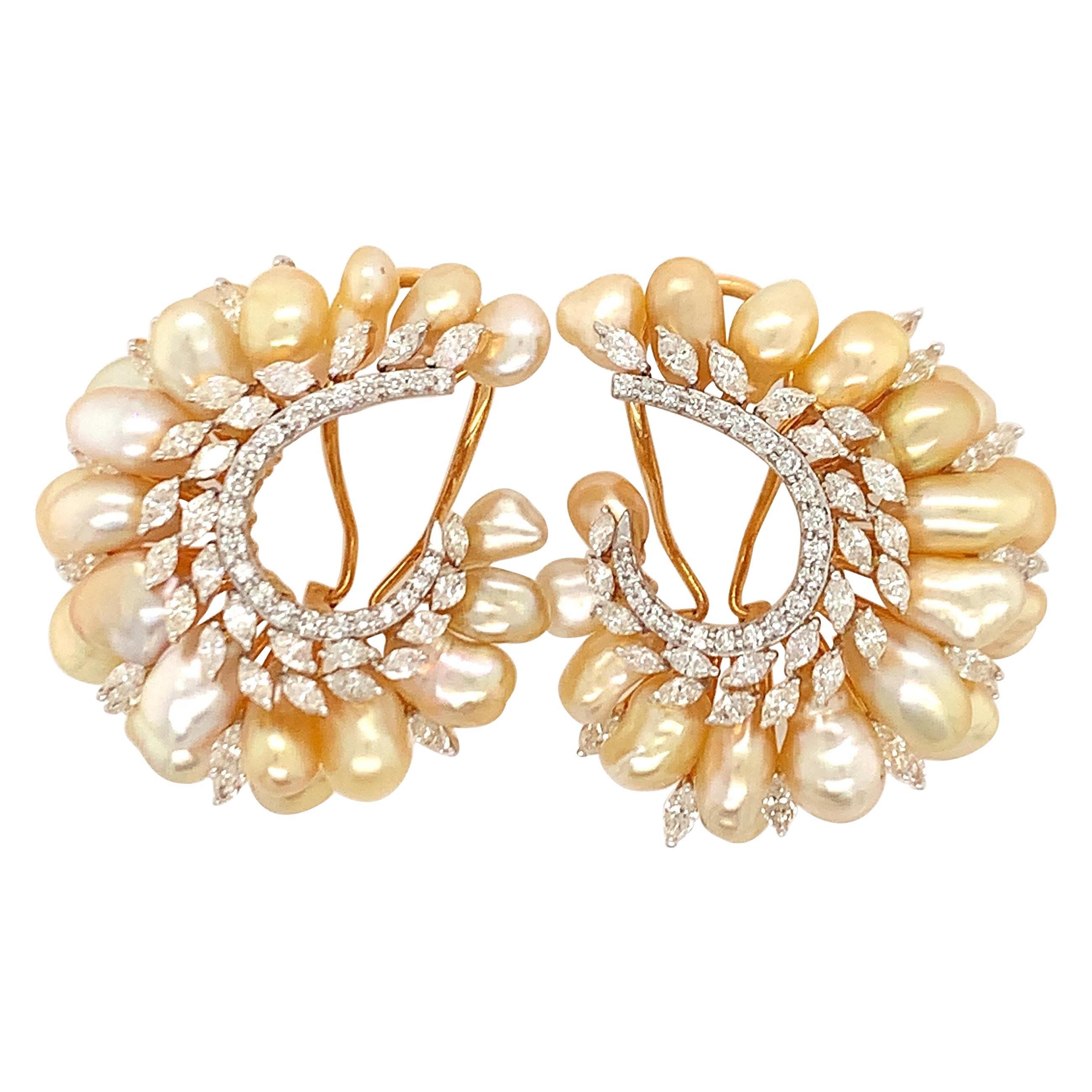 Diamond Pearl Clustered Hoop Earrings For Sale