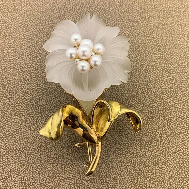 Diamond Pearl Crystal Gold Flower Brooch at 1stDibs