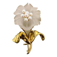 Diamond Pearl Crystal Gold Flower Brooch