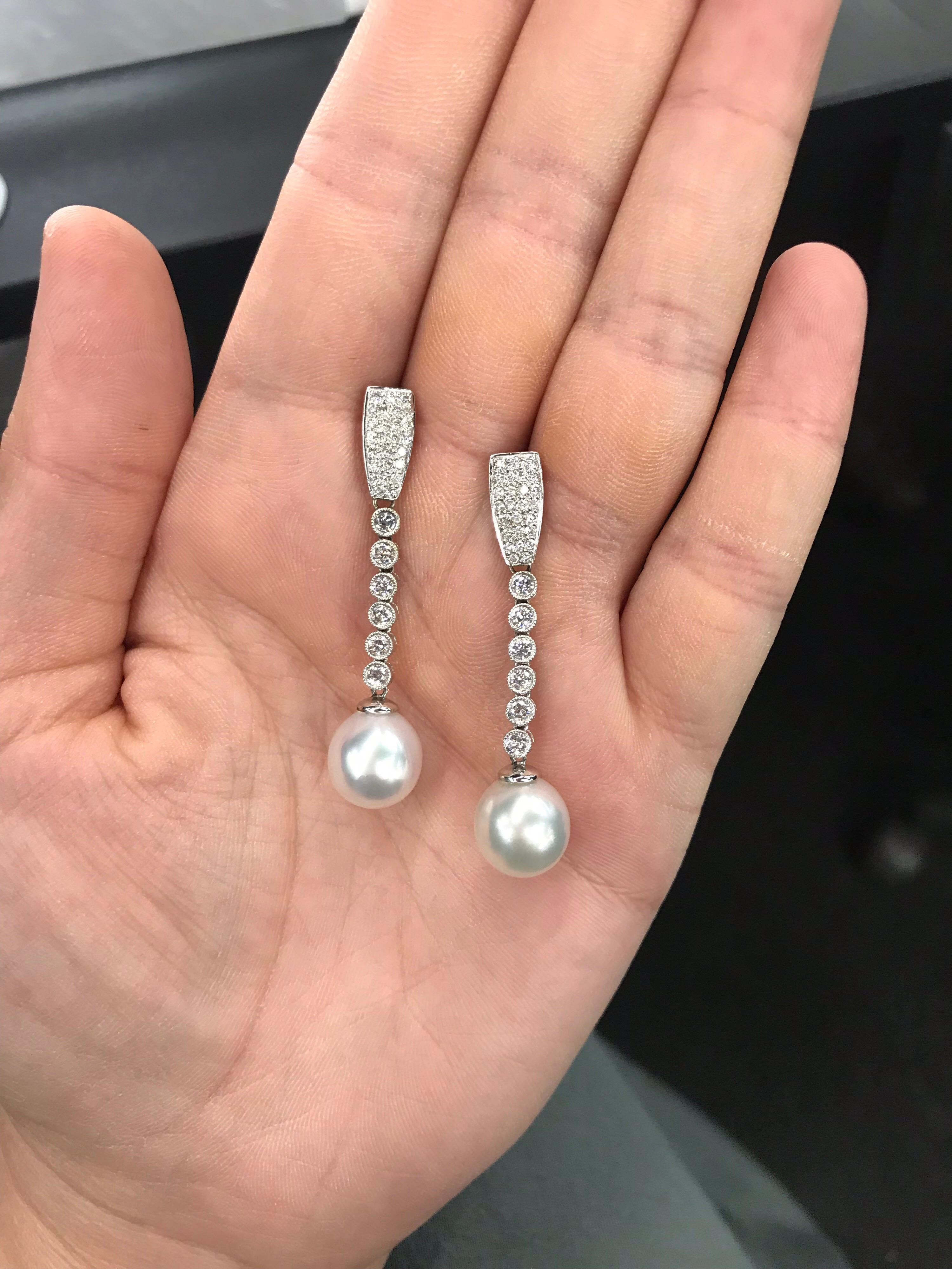 Diamond Pearl Drop Earrings 1.50 Carat 18 Karat White Gold For Sale 5