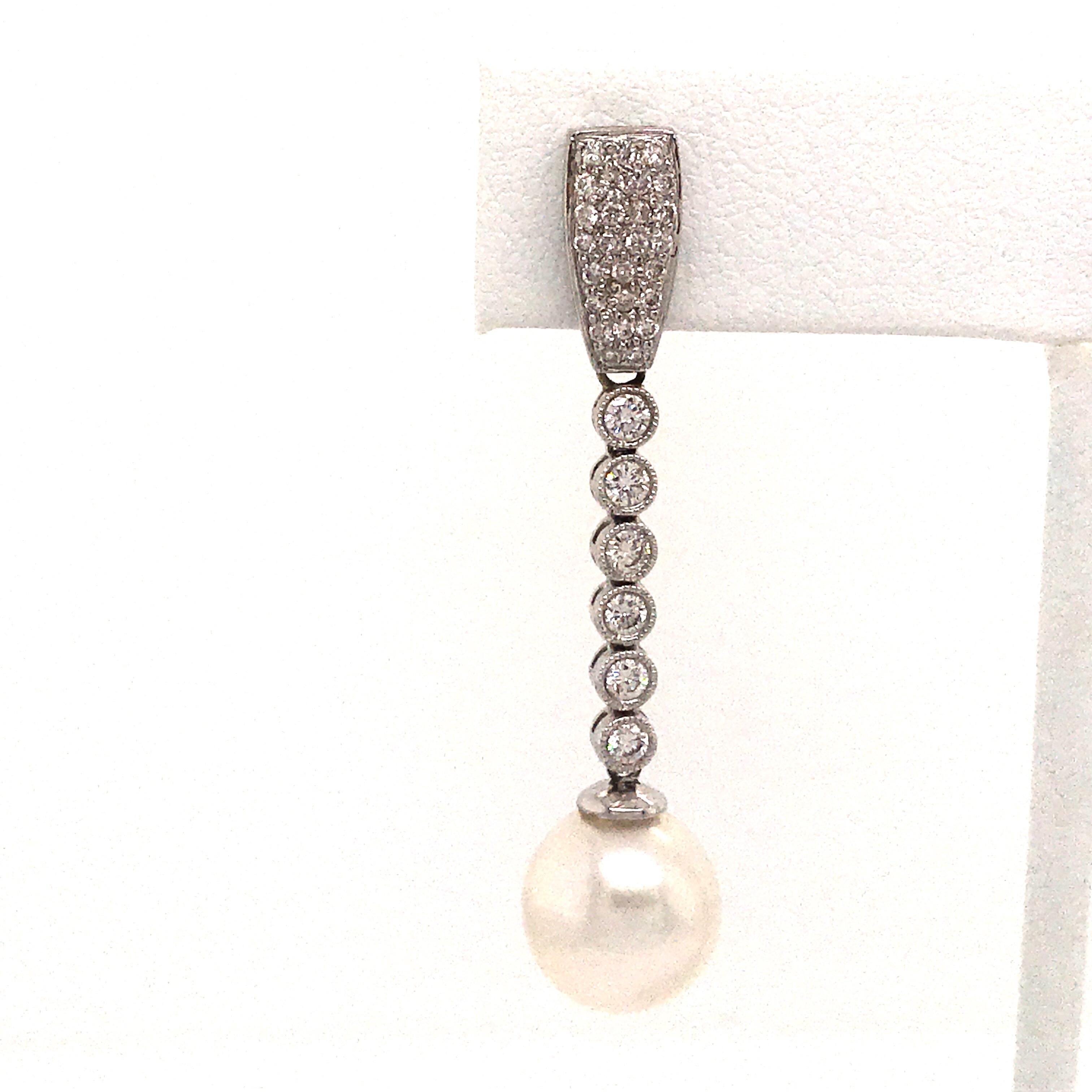 Contemporary Diamond Pearl Drop Earrings 1.50 Carat 18 Karat White Gold For Sale