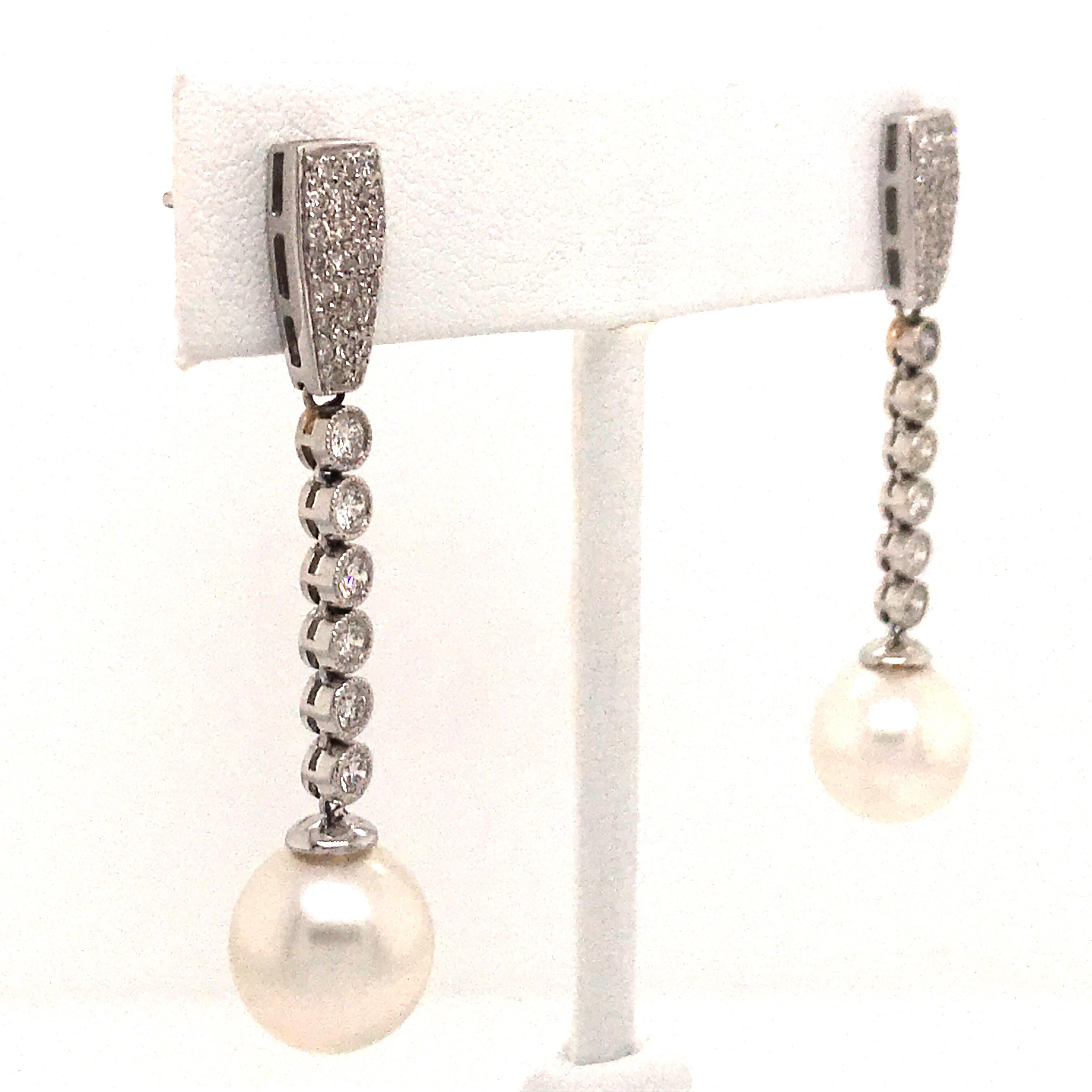 Diamond Pearl Drop Earrings 1.50 Carat 18 Karat White Gold In New Condition For Sale In New York, NY