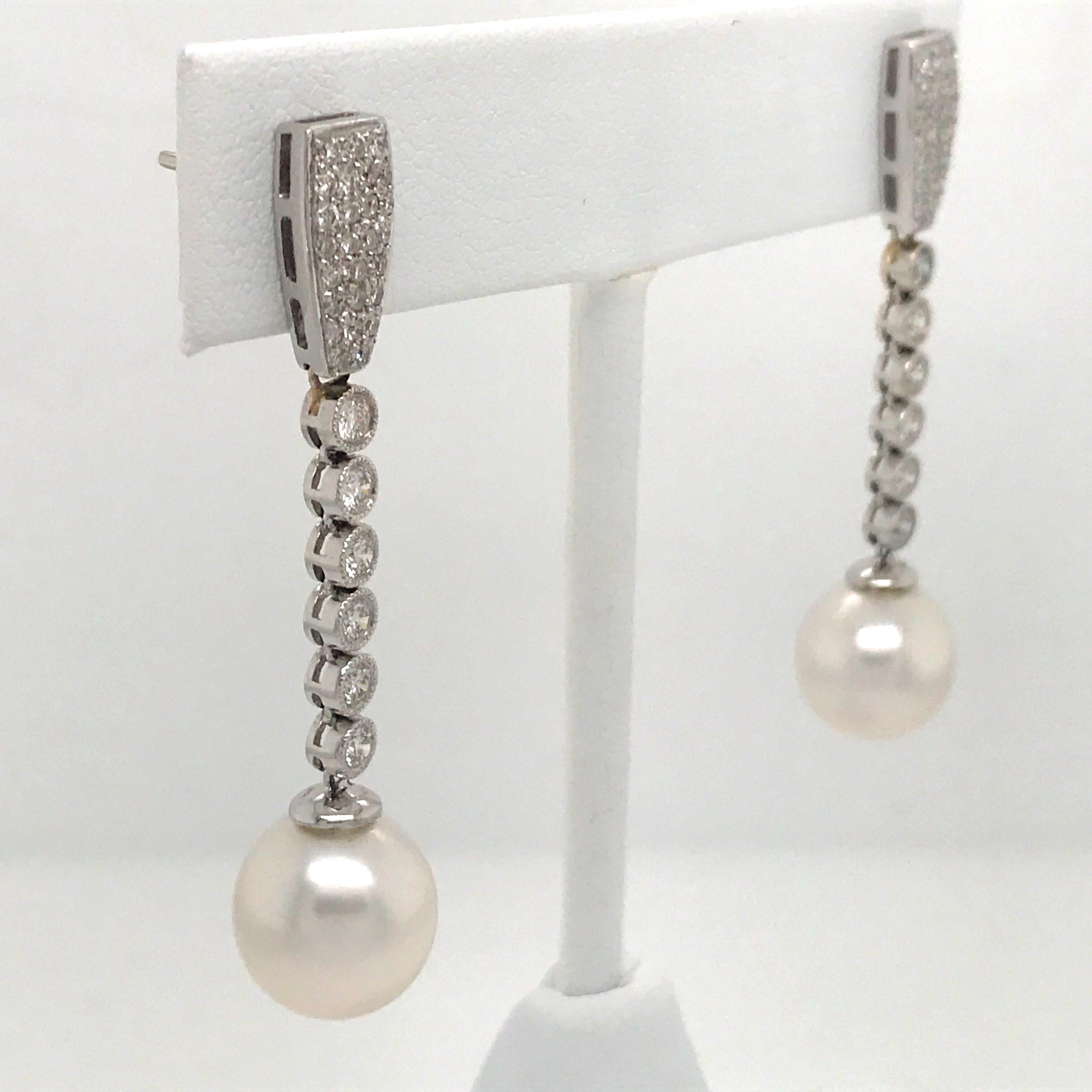Women's Diamond Pearl Drop Earrings 1.50 Carat 18 Karat White Gold For Sale