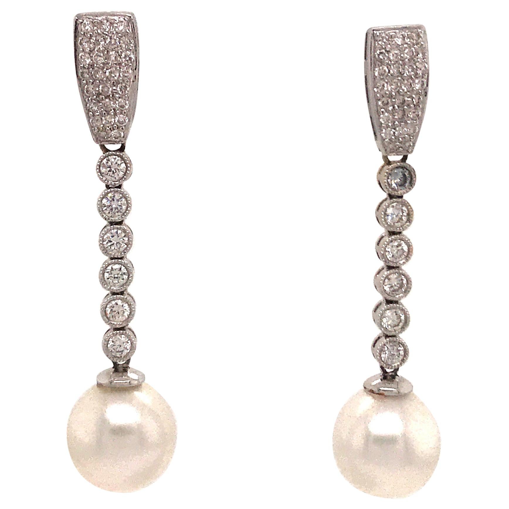 Diamond Pearl Drop Earrings 1.50 Carat 18 Karat White Gold