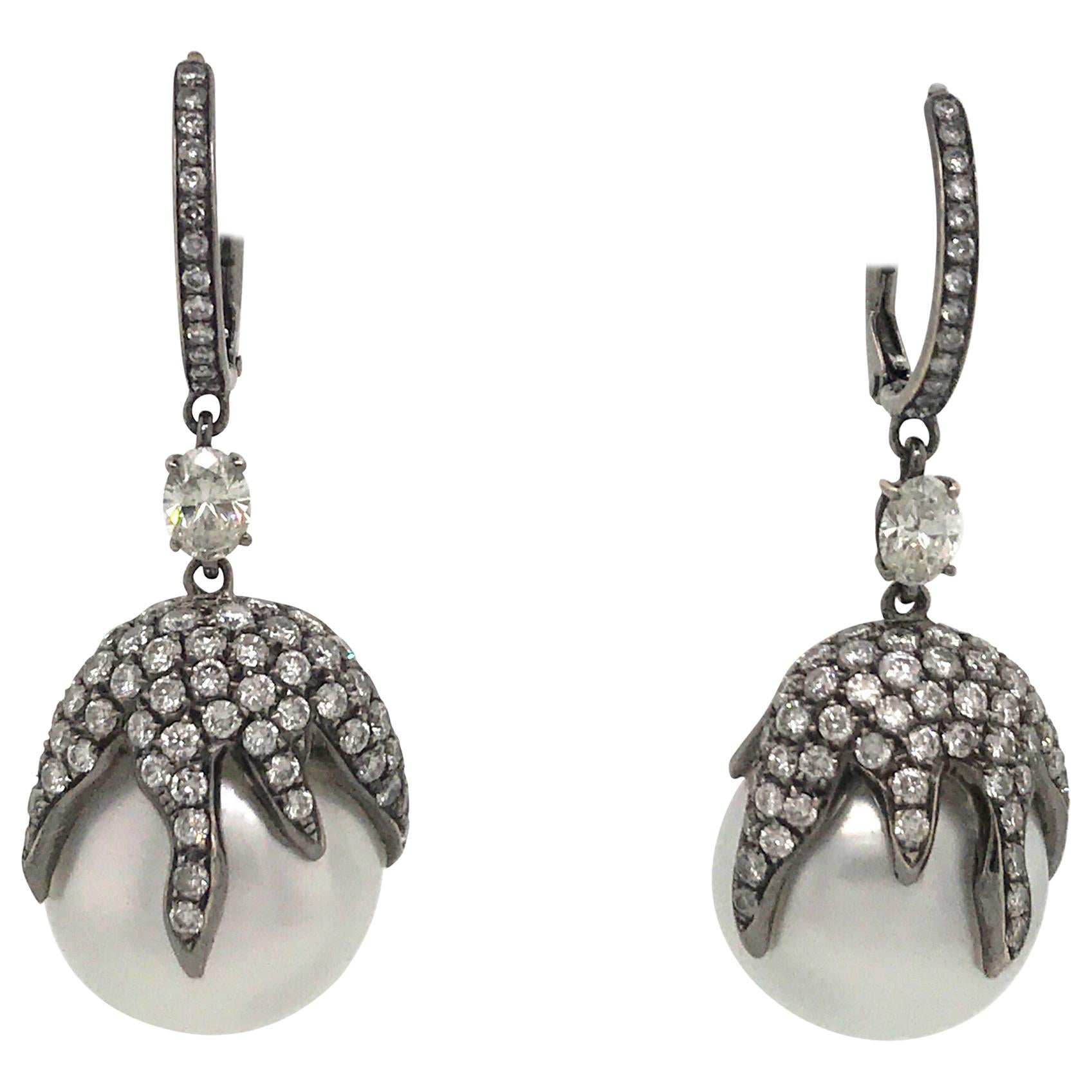 Diamond Pearl Drop Earrings 2.52 Carat 18 Karat Black Rhodium