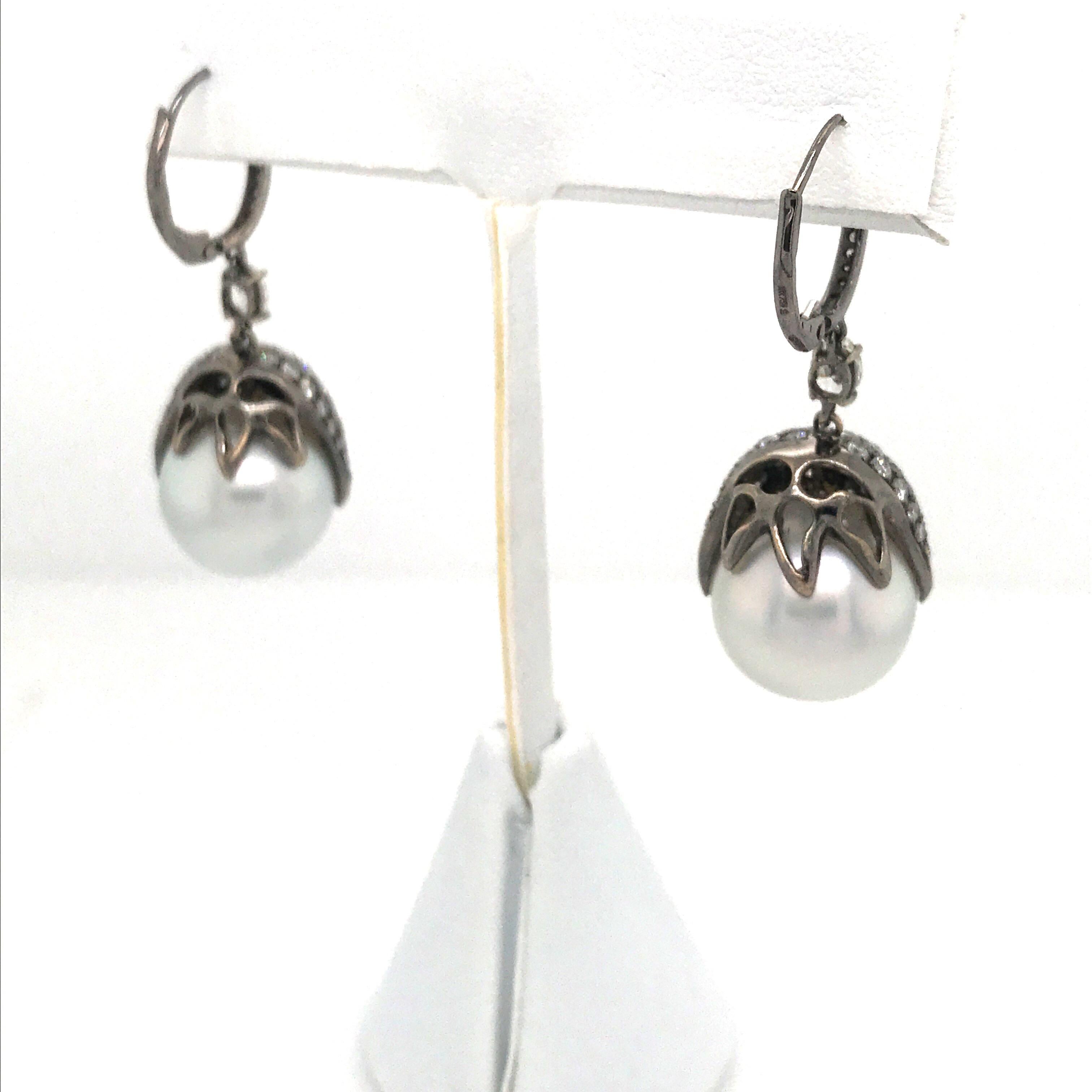 Diamond Pearl Drop Earrings 2.52 Carat 18 Karat Black Rhodium 1
