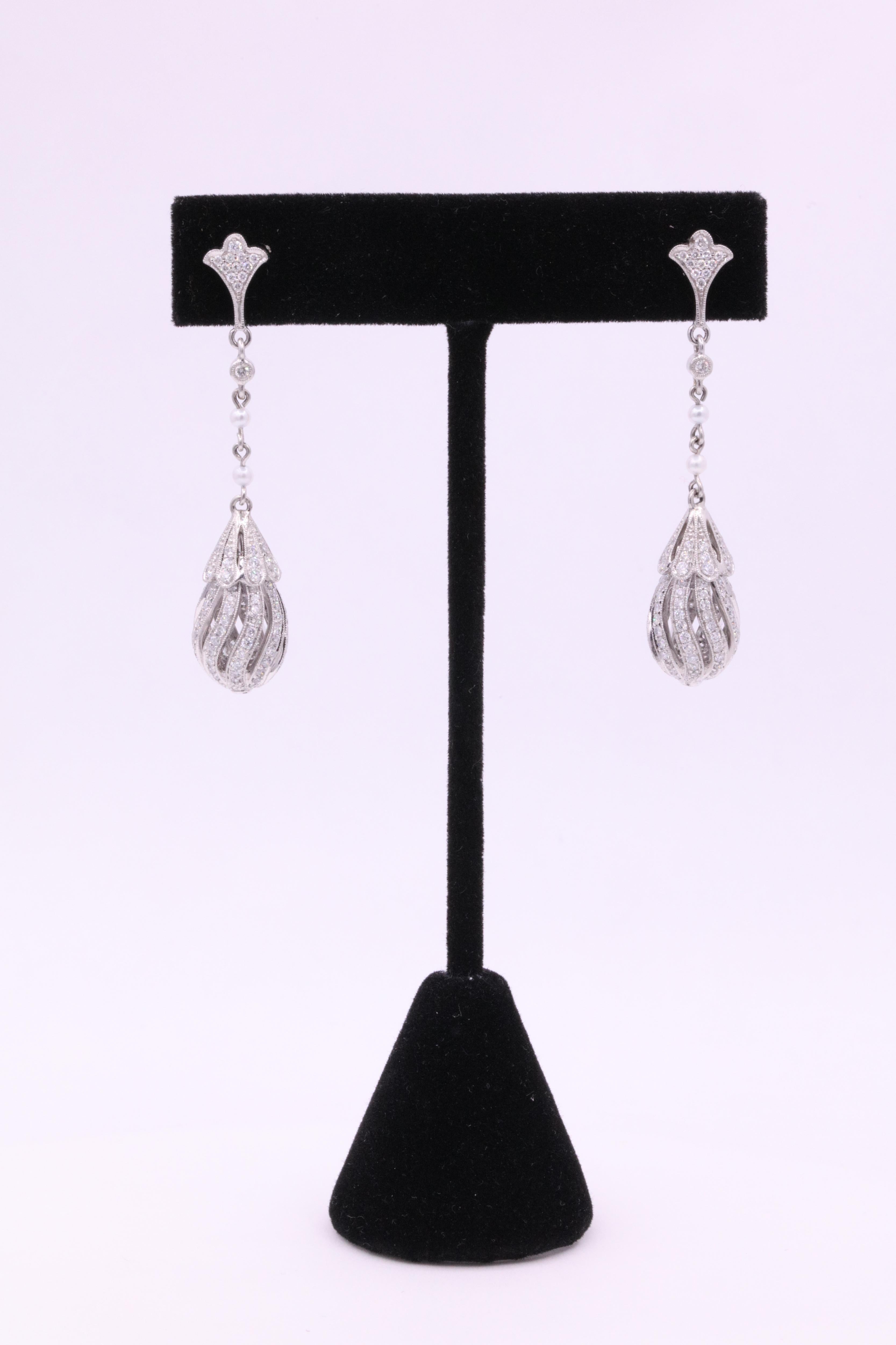Art Deco Diamond Pearl Drop Earrings 2.71 Carat Platinum