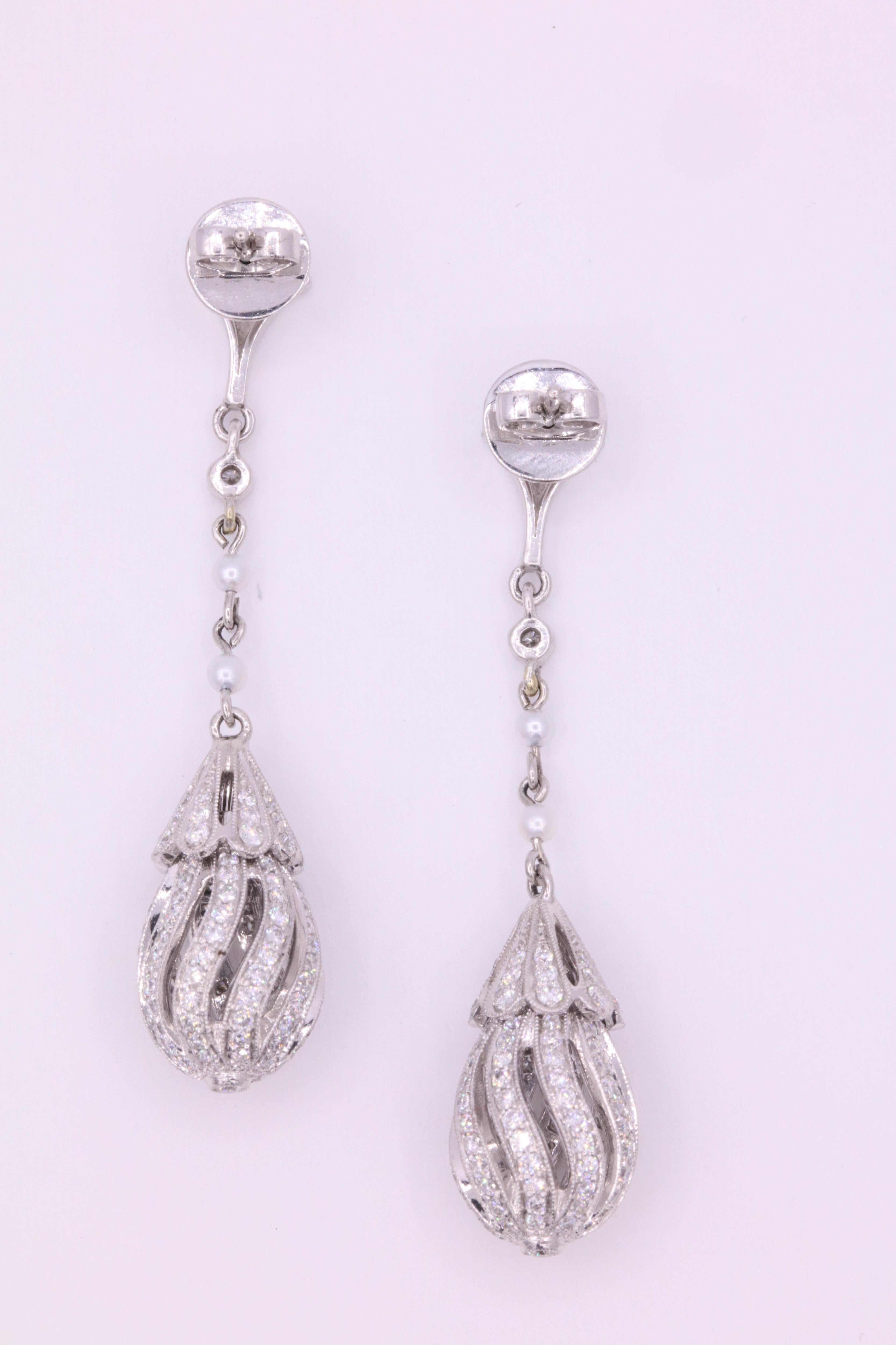 Diamond Pearl Drop Earrings 2.71 Carat Platinum 2