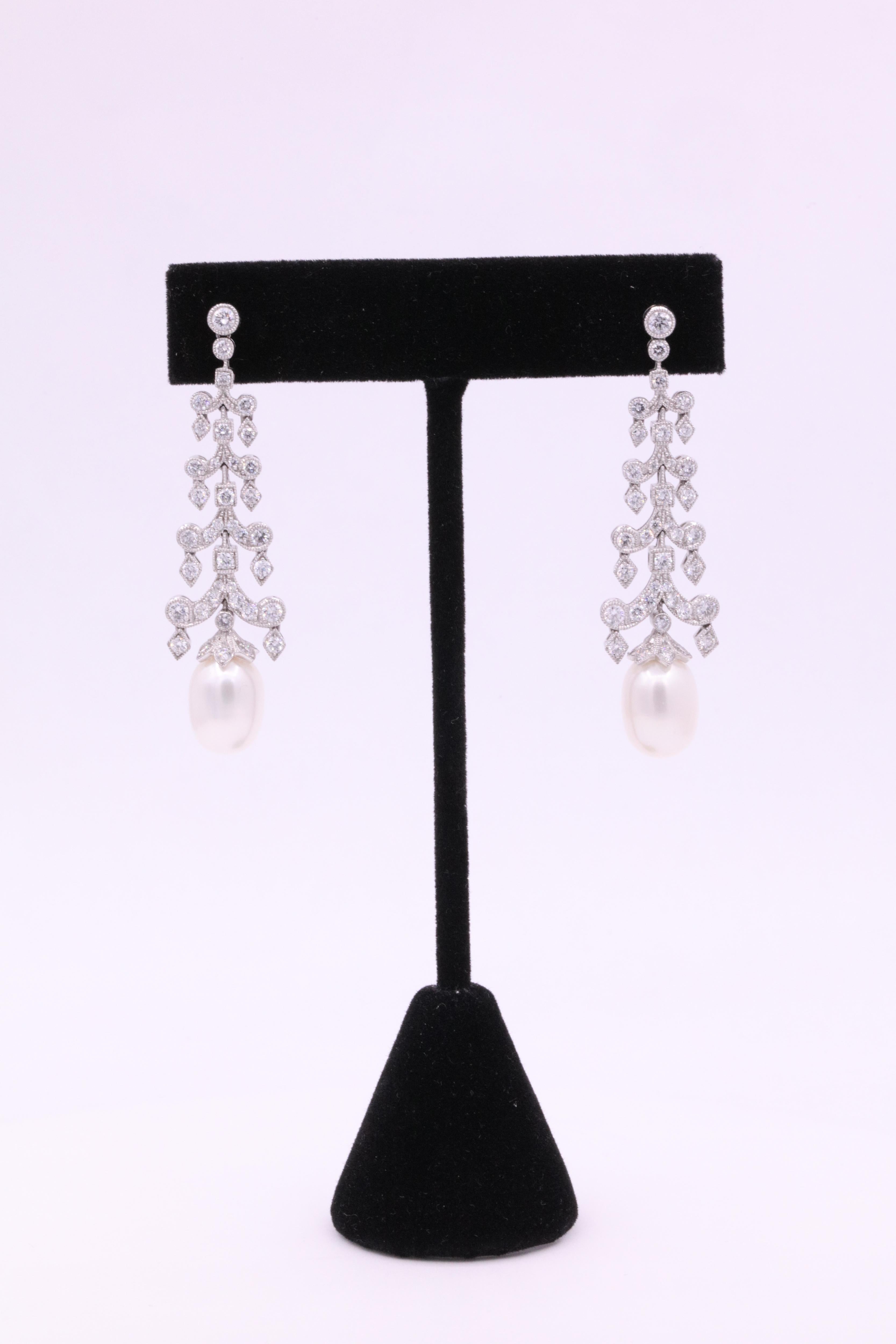 Diamant-Perlen-Tropfen-Ohrringe 3,10 Karat Platin (Art déco) im Angebot