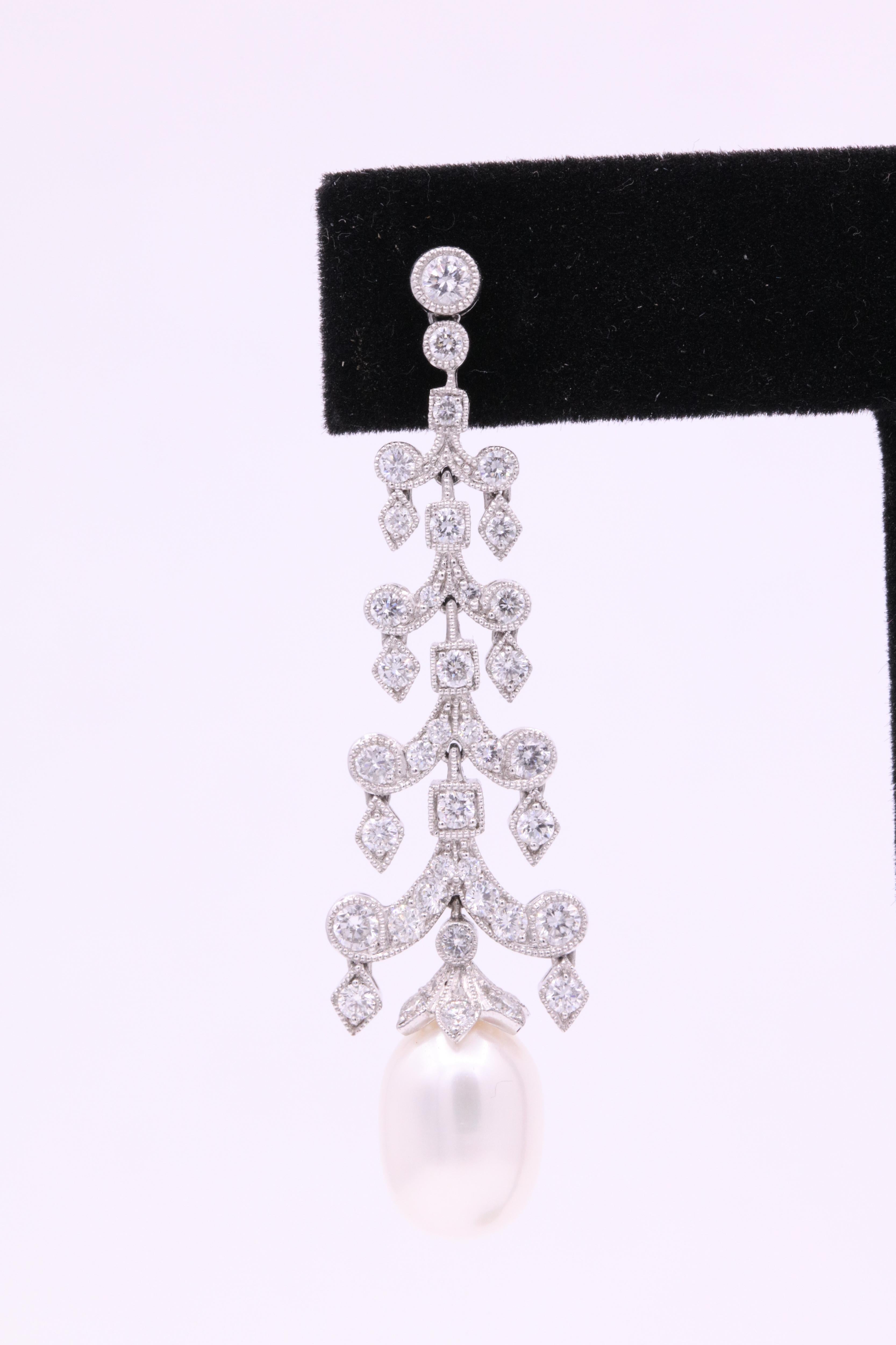 Art Deco Diamond Pearl Drop Earrings 3.10 Carat Platinum For Sale