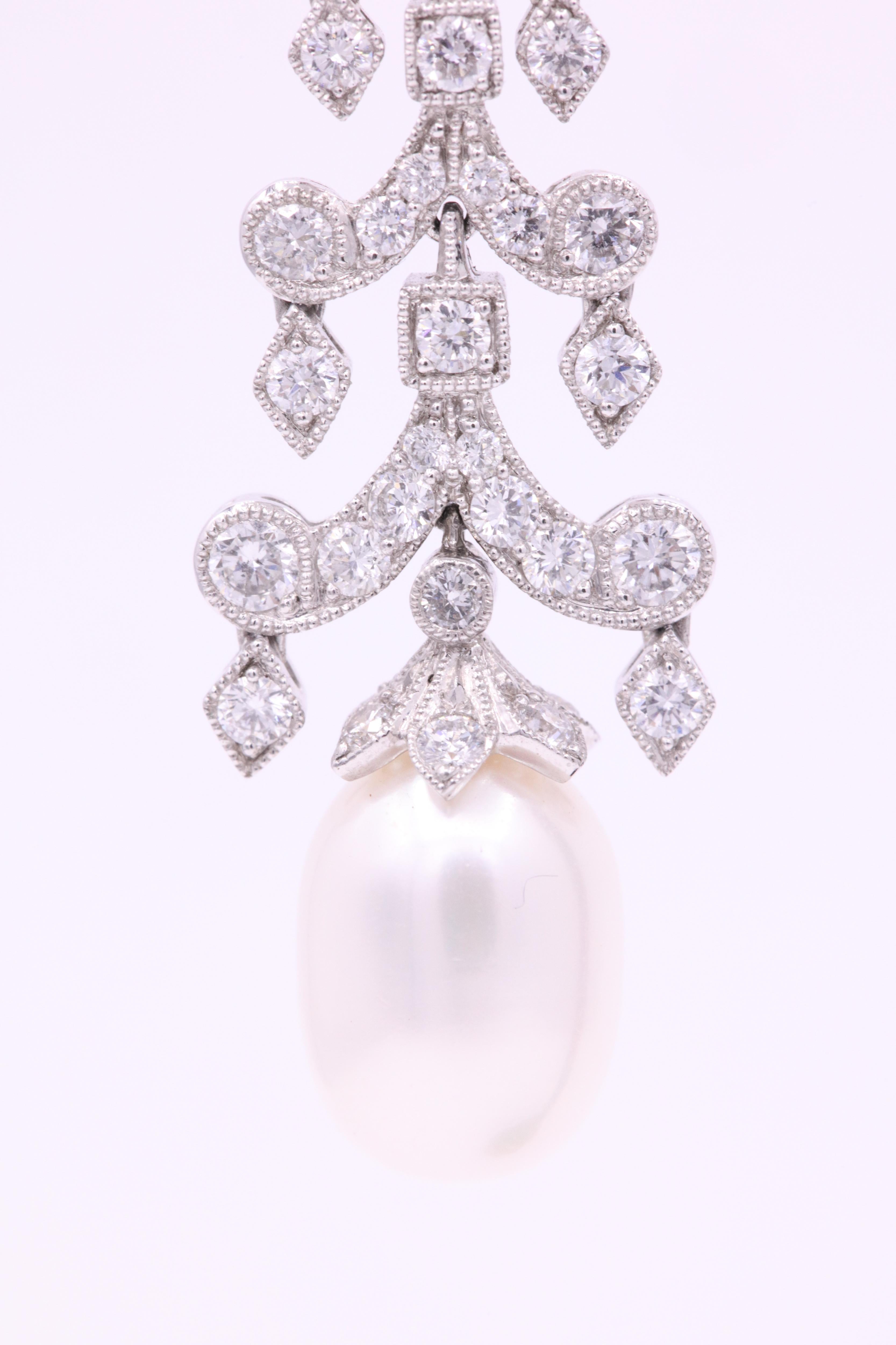 Round Cut Diamond Pearl Drop Earrings 3.10 Carat Platinum For Sale