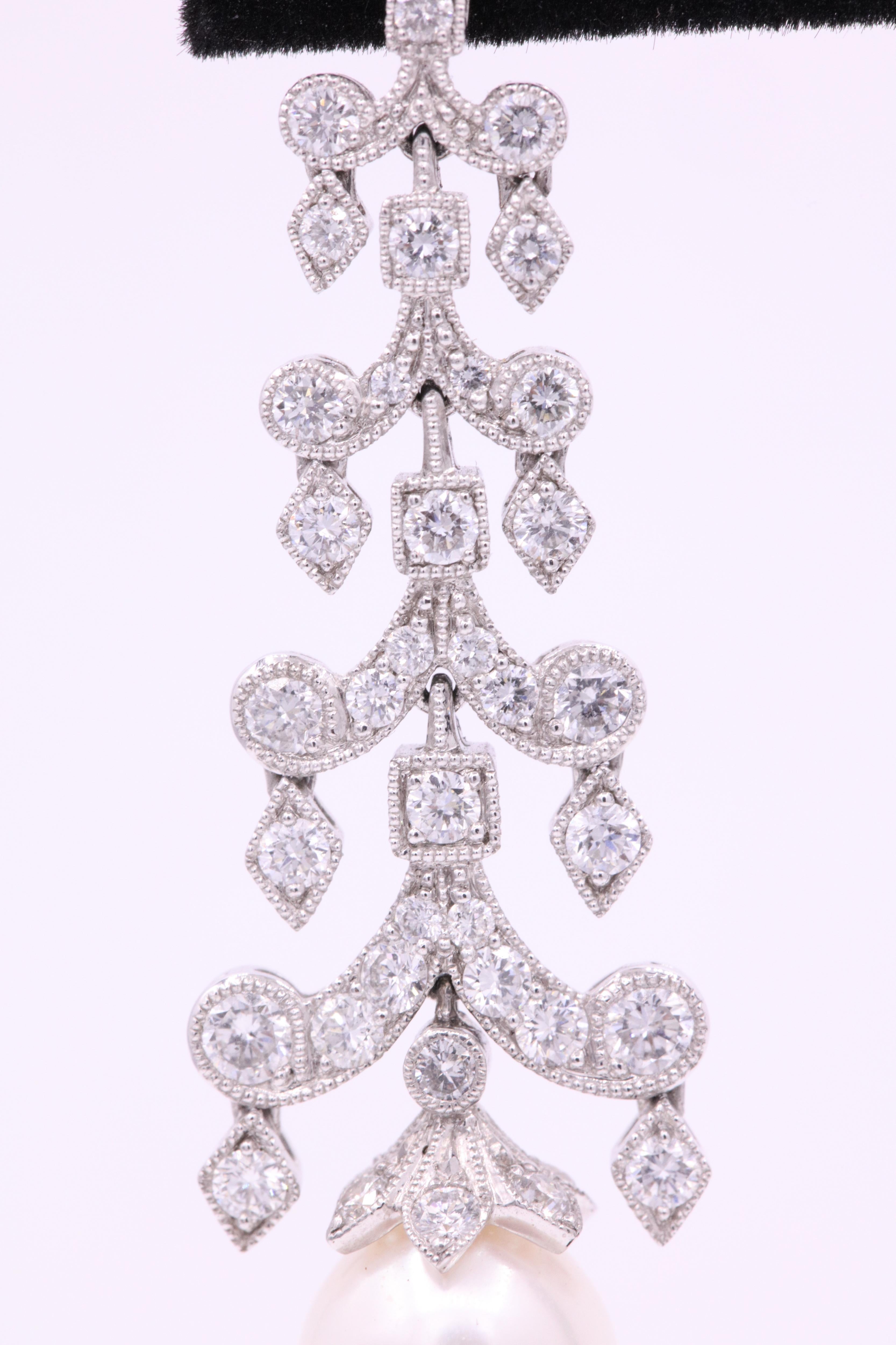 Diamond Pearl Drop Earrings 3.10 Carat Platinum In New Condition For Sale In New York, NY