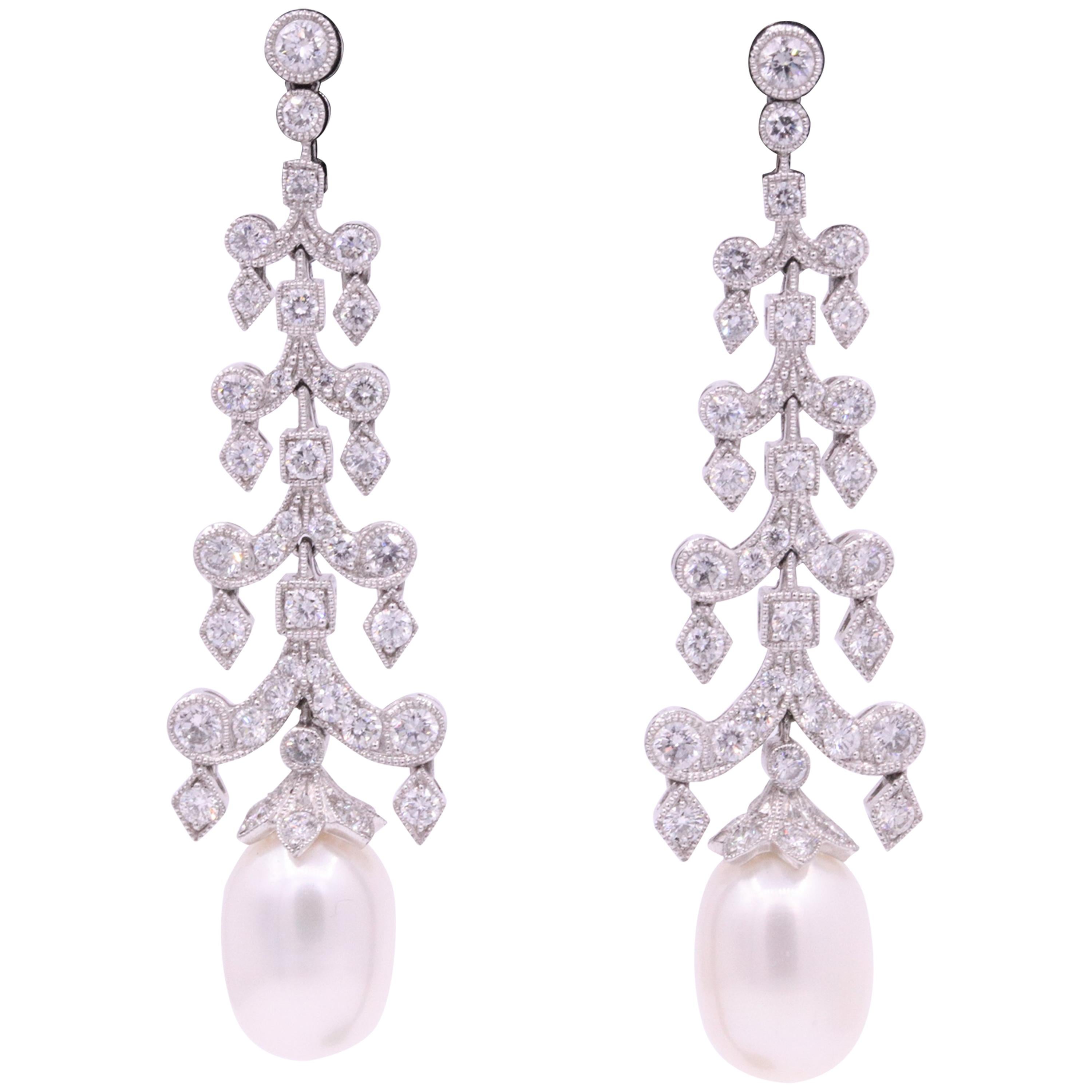 Diamond Pearl Drop Earrings 3.10 Carat Platinum For Sale