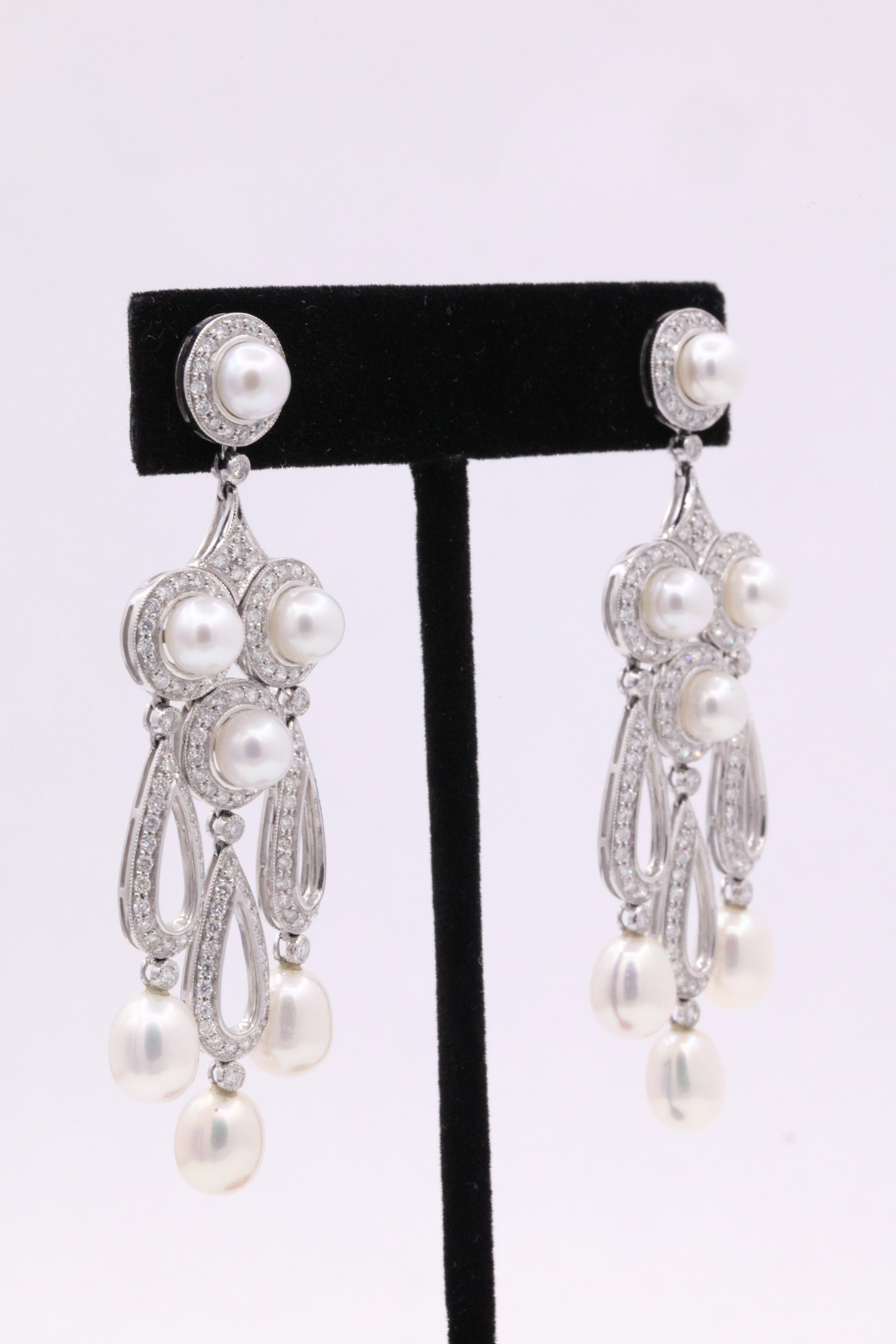 Art Deco Diamond Pearl Drop Chandelier Earrings 3.13 Carat Platinum For Sale