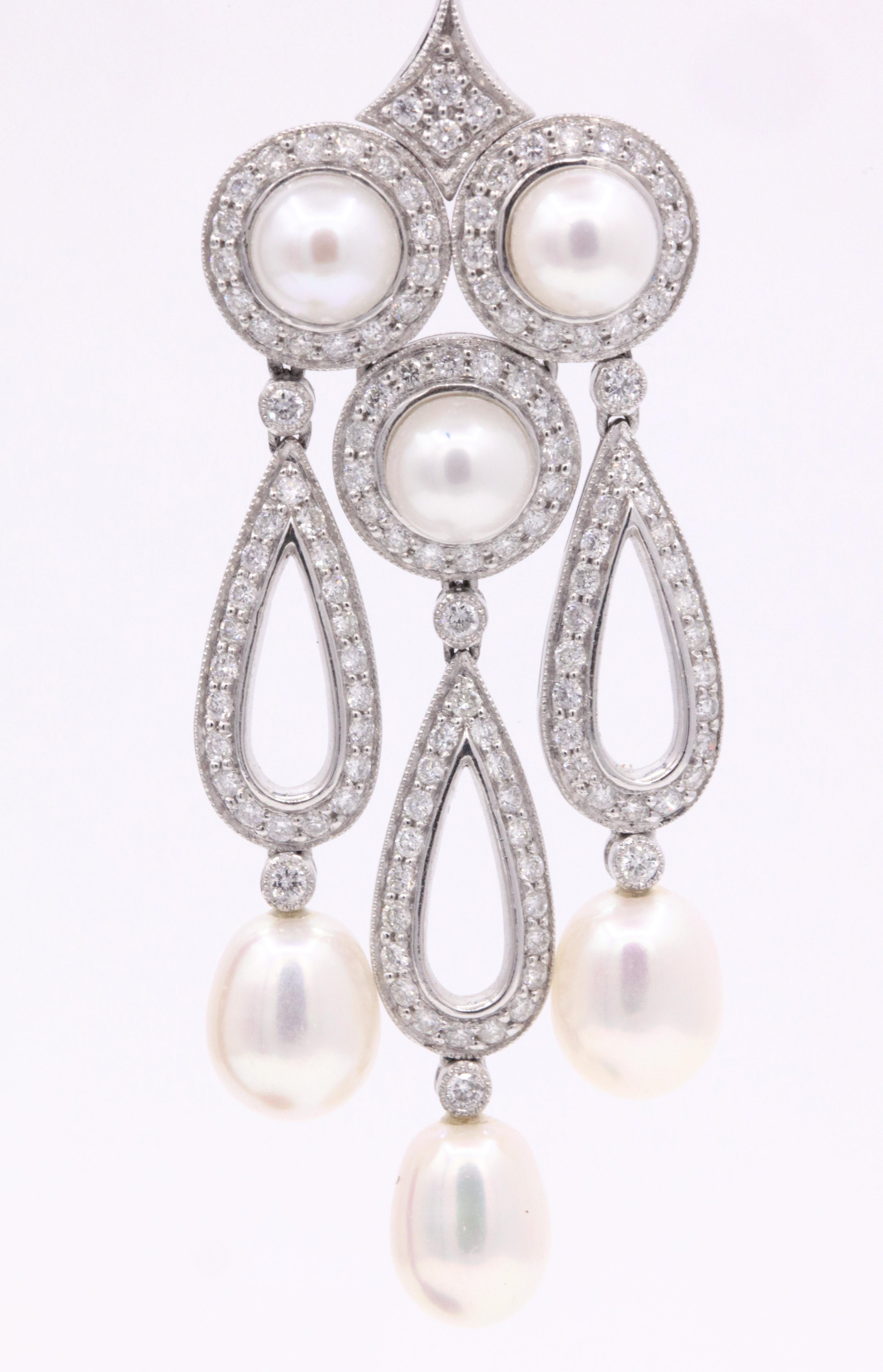 Round Cut Diamond Pearl Drop Chandelier Earrings 3.13 Carat Platinum For Sale