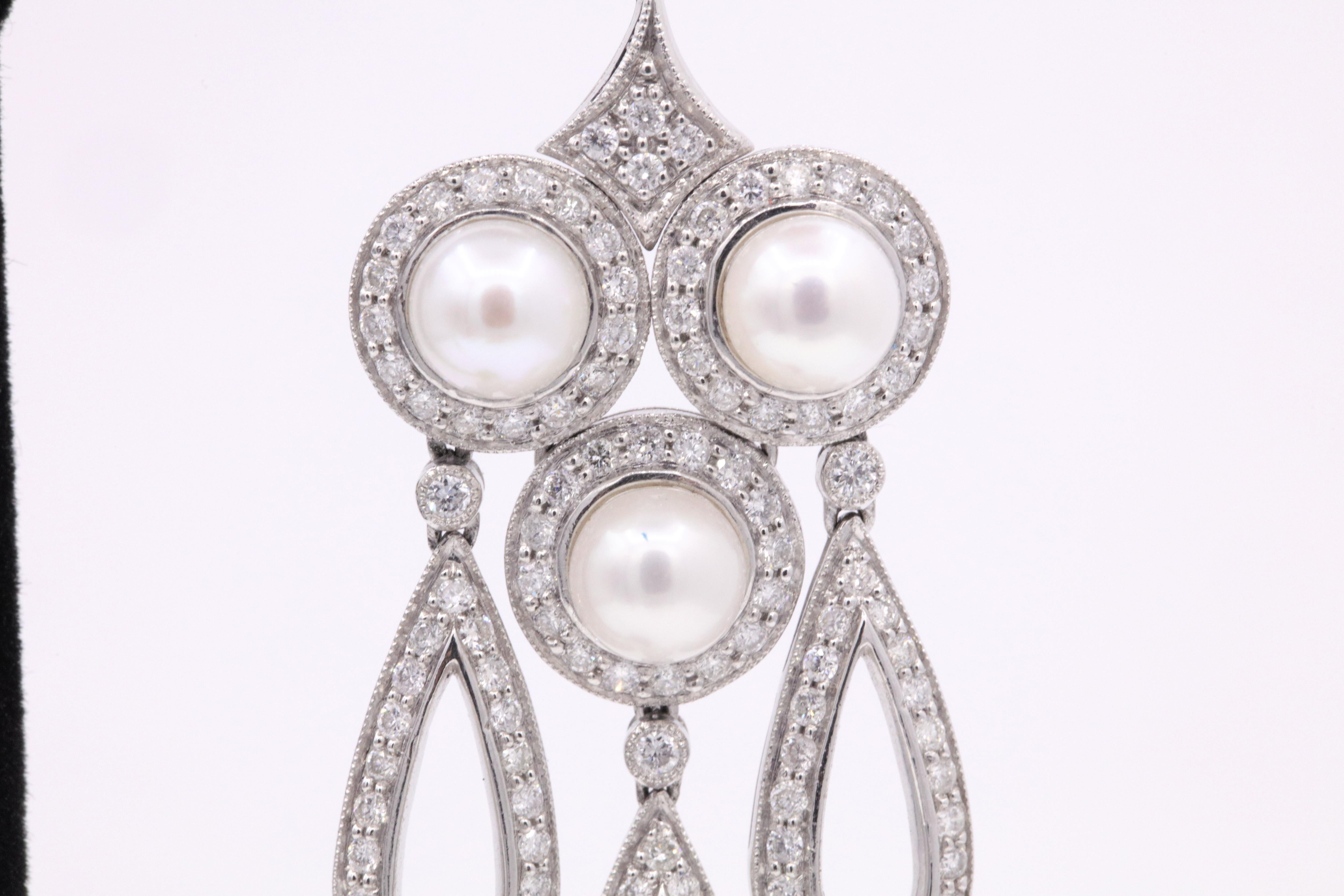 Diamond Pearl Drop Chandelier Earrings 3.13 Carat Platinum In New Condition For Sale In New York, NY