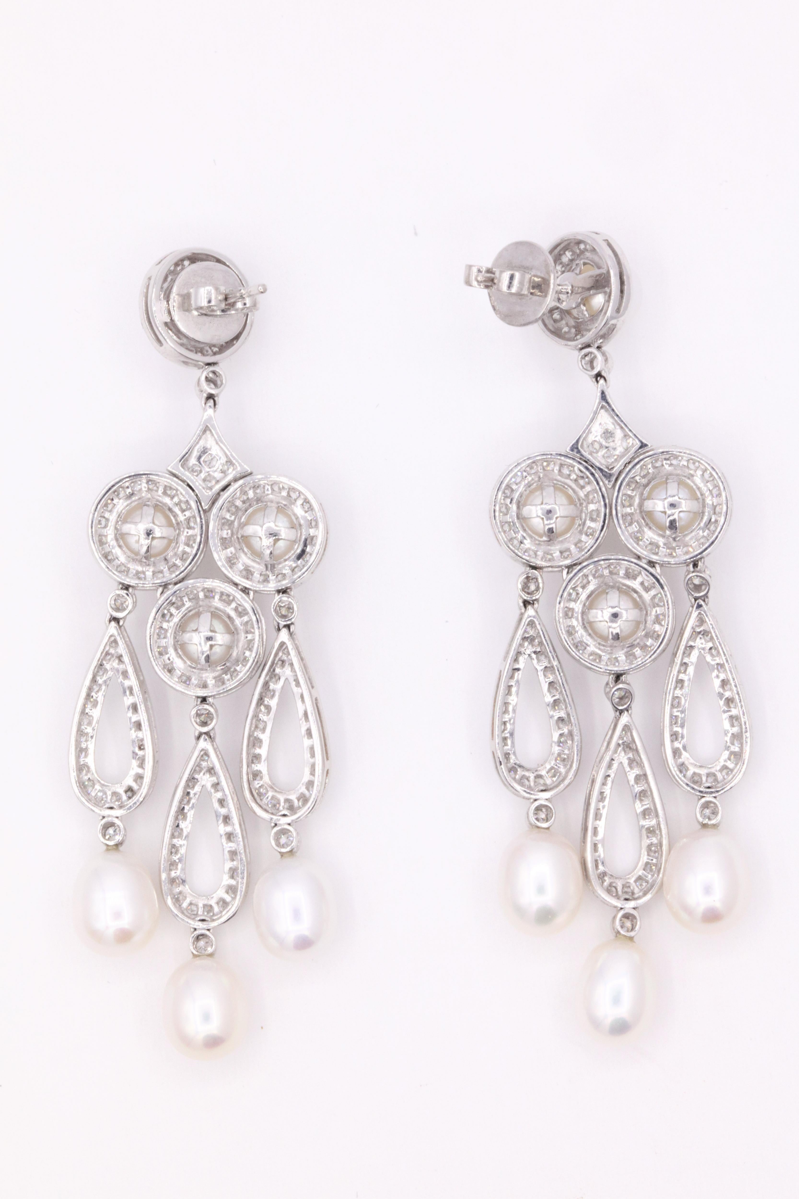 Women's Diamond Pearl Drop Chandelier Earrings 3.13 Carat Platinum For Sale