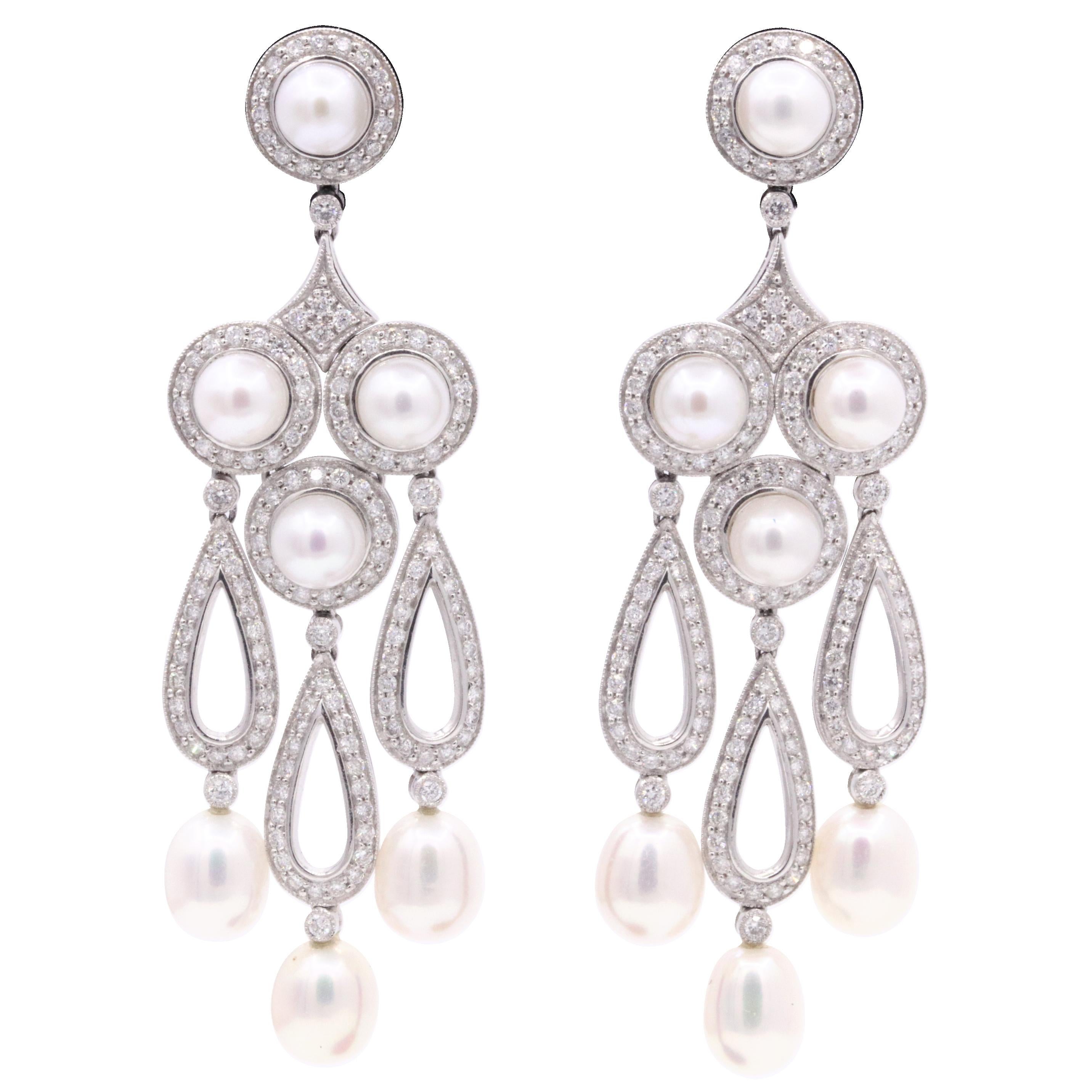 Diamond Pearl Drop Chandelier Earrings 3.13 Carat Platinum