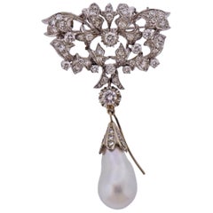 Diamond Pearl Drop Gold Brooch Pendant