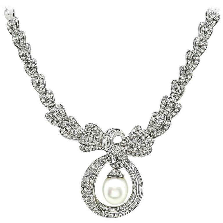 Diamond Pearl Drop White Gold Necklace For Sale at 1stDibs