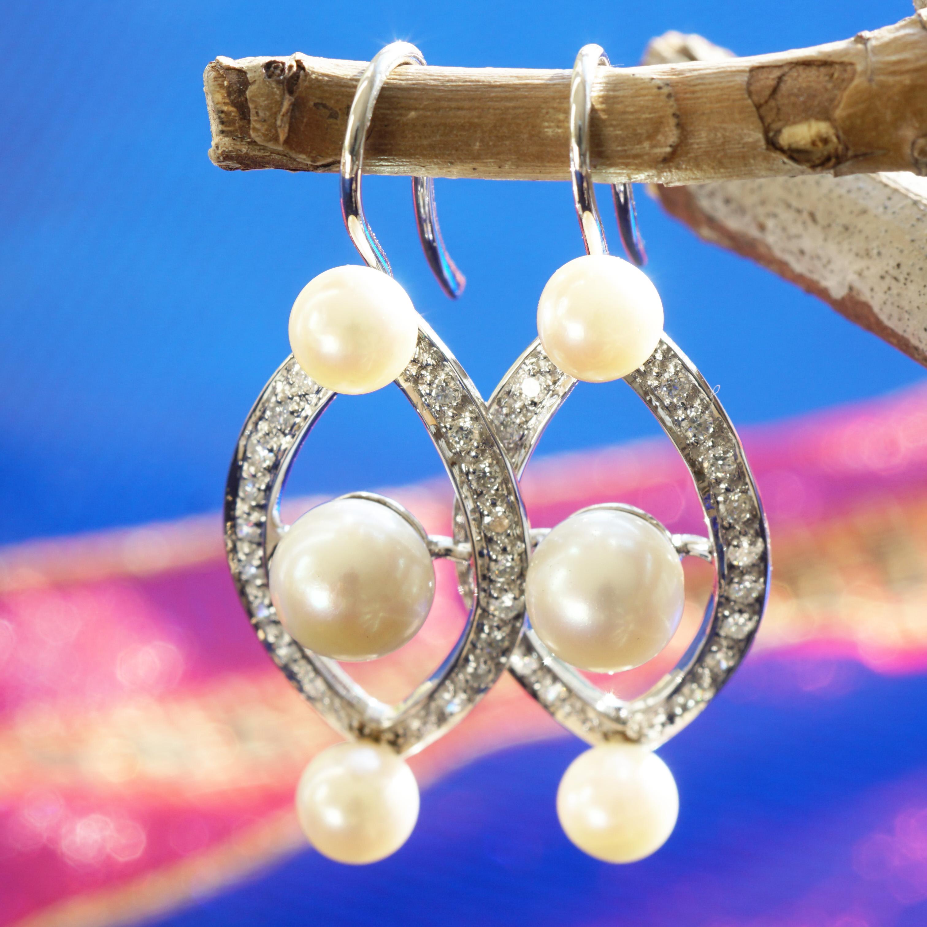 Diamant-Perlen-Ohrringe 0,44 Karat W VS 7 Gramm 18 kt Weißgold Ellipsen Revoire Diamant-Ohrringe im Angebot 2
