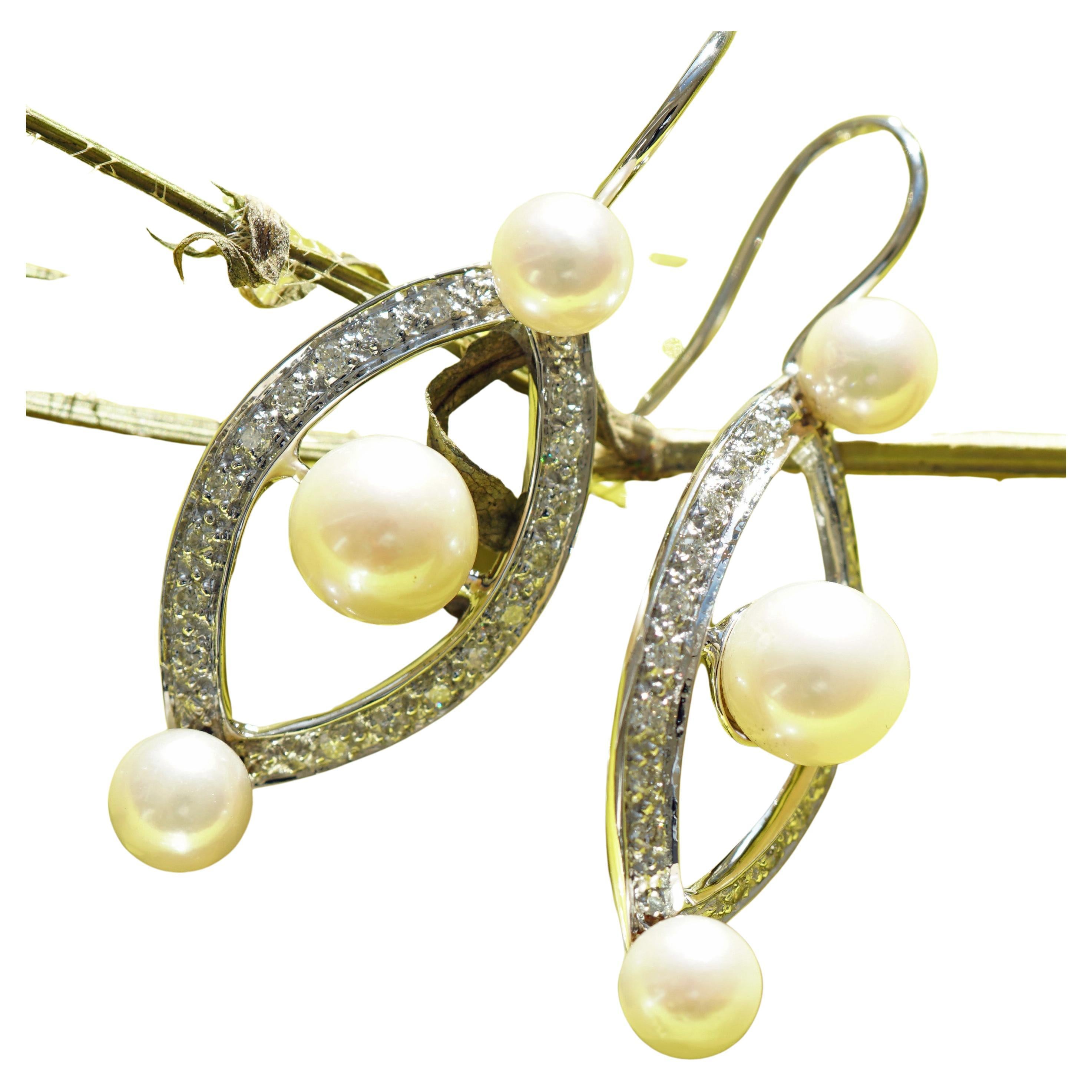 Diamant-Perlen-Ohrringe 0,44 Karat W VS 7 Gramm 18 kt Weißgold Ellipsen Revoire Diamant-Ohrringe im Angebot