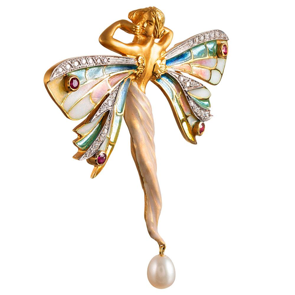 Masriera Diamond, Pearl, Enamel and Ruby Nymph Motif Pin Pendant In New Condition In Carmel-by-the-Sea, CA