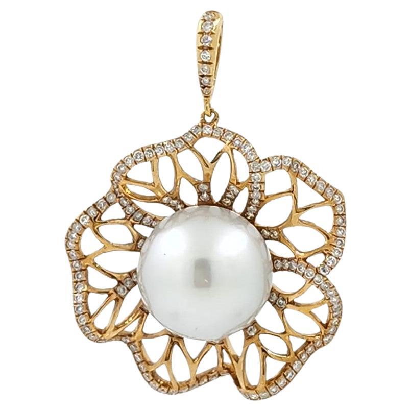 Vintage 14mm Pearl and Diamond Flower Pendant in 18 Karat Rose Gold For Sale
