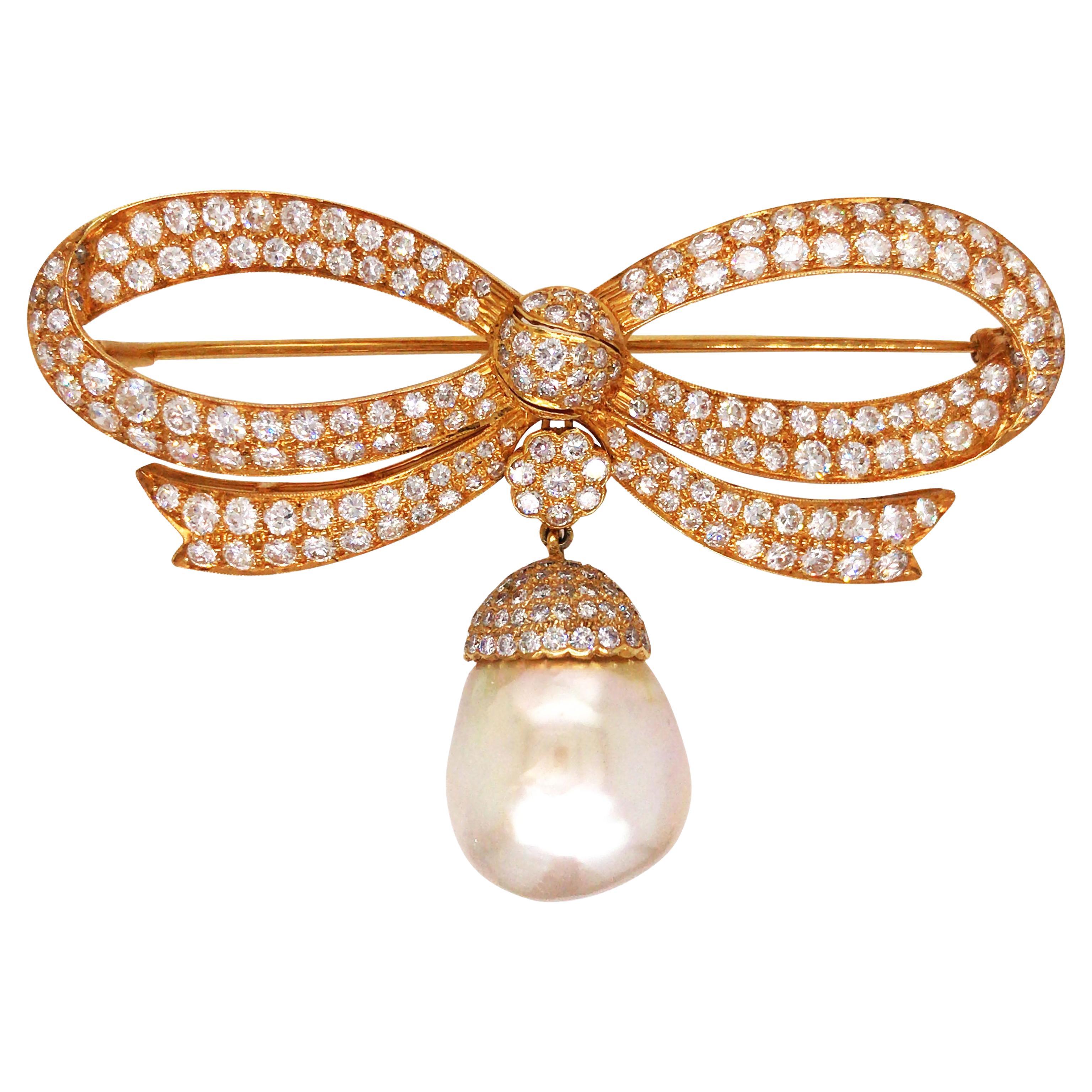 Diamond Pearl Gold Bow Brooch For Sale