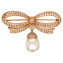 Diamond Pearl Gold Bow Brooch